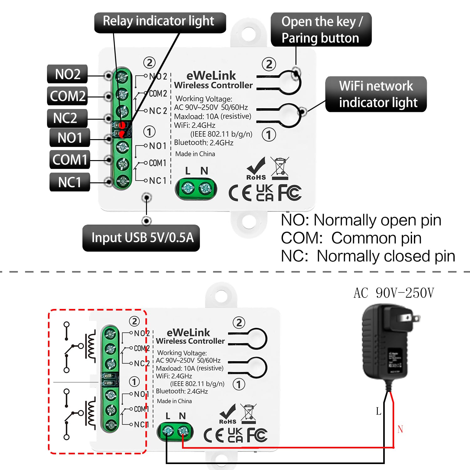 DieseRC Interrupteur Intelligent WIFI 2 canaux, AC 90V-250V 220V Sortie Passive Module Relais, Ewelink APP Contrôle WIFI compatible avec Alexa/Google Home, commutateur Inching/autobloquant
