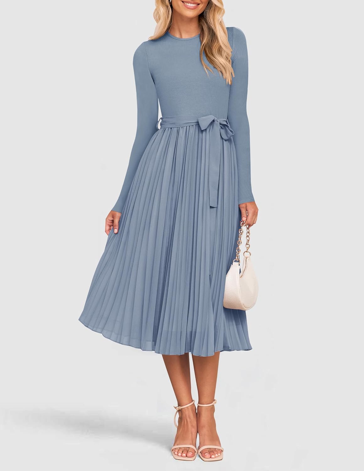 ZESICA Women's Fall Long Sleeve Midi Dress 2025 Casual Crewneck Knit Belted Pleated A Line Flowy Party Dresses - Image 8