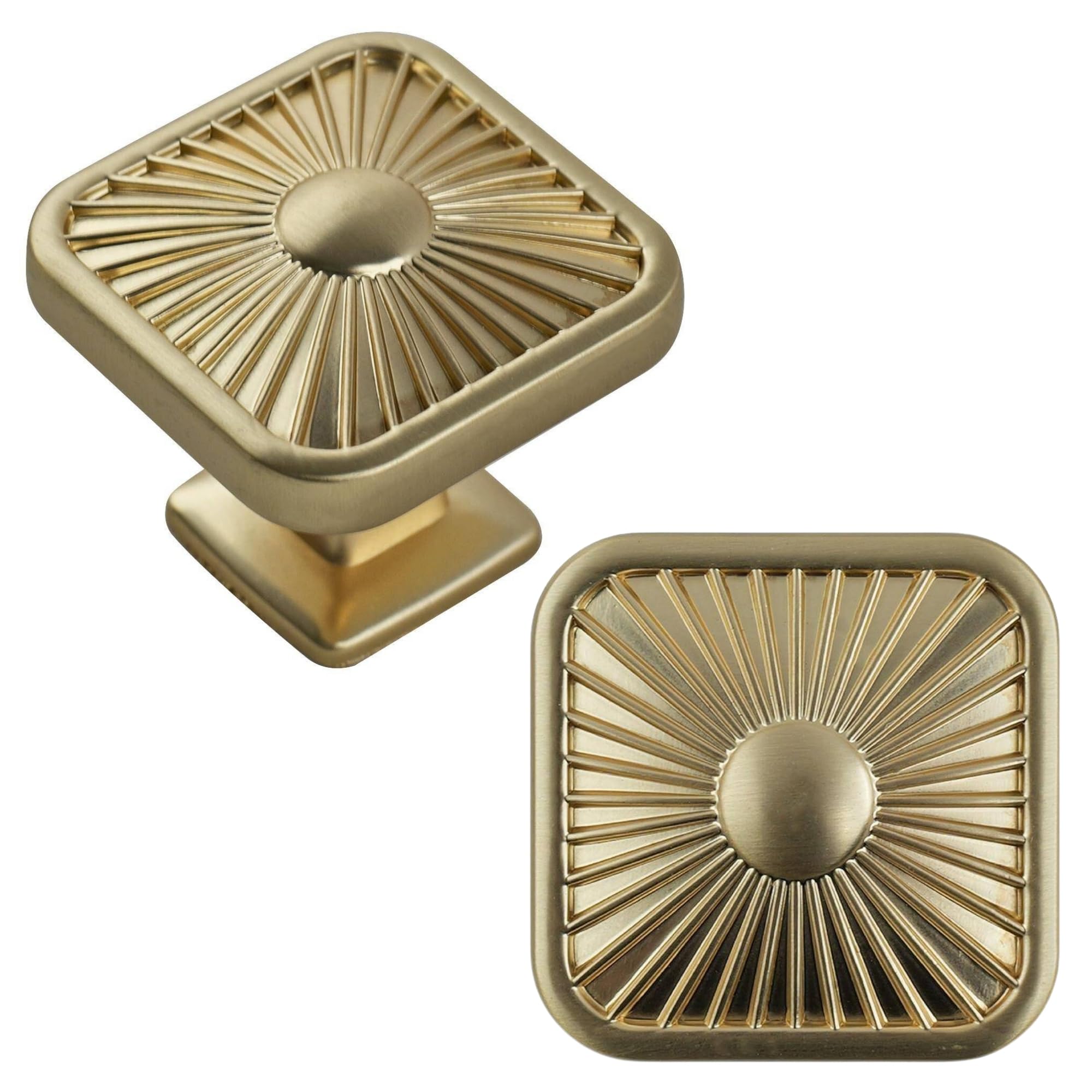 keypak 10 Pack Modern Chic Ribbed Square Knobs 35mm Brushed Brass - Cabinet, Drawer & Wardrobe Handle, Contemporary Furniture Hardware