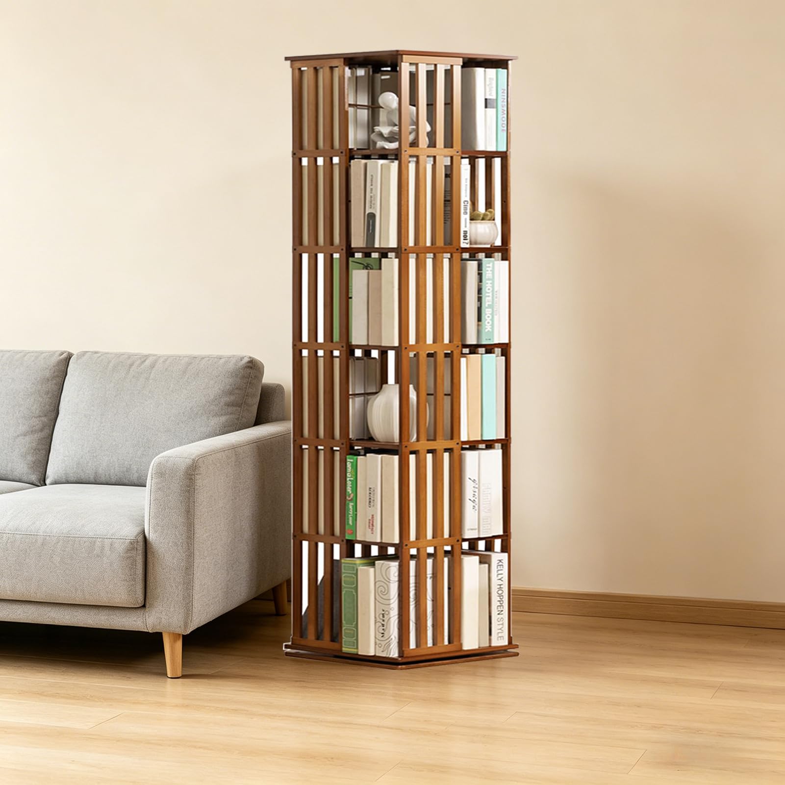 Estantería Giratoria de Bambú 360° Librería Giratoria (6to Piso) | Estantería Librería Alta de Pie Libreria Madera de Estudio y Biblioteca pie para niños y Adultos Mueble Almacenaje Multiusos
