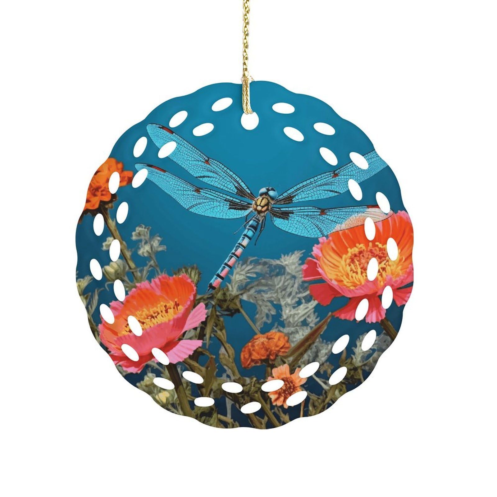 Fodpand Women's Style Dragonfly And Flower Ceramic Ornament For Home Decor 3.2" Round Tree Decoration Christmas Ornaments For Men Double-Sided Design