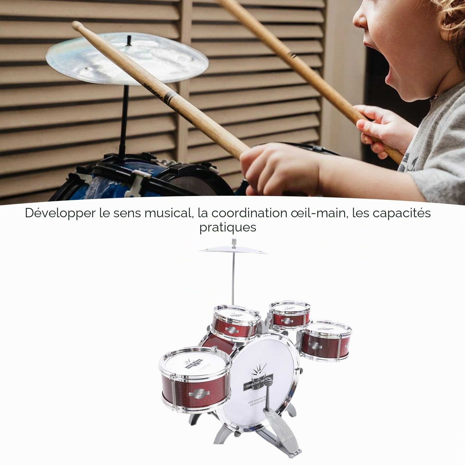 Tambour pour Enfants pour Les Tout-Petits du Jazz Tambour Ensemble pour Les Enfants 5 Batterie d'instruments de Musique Percussion Jouet