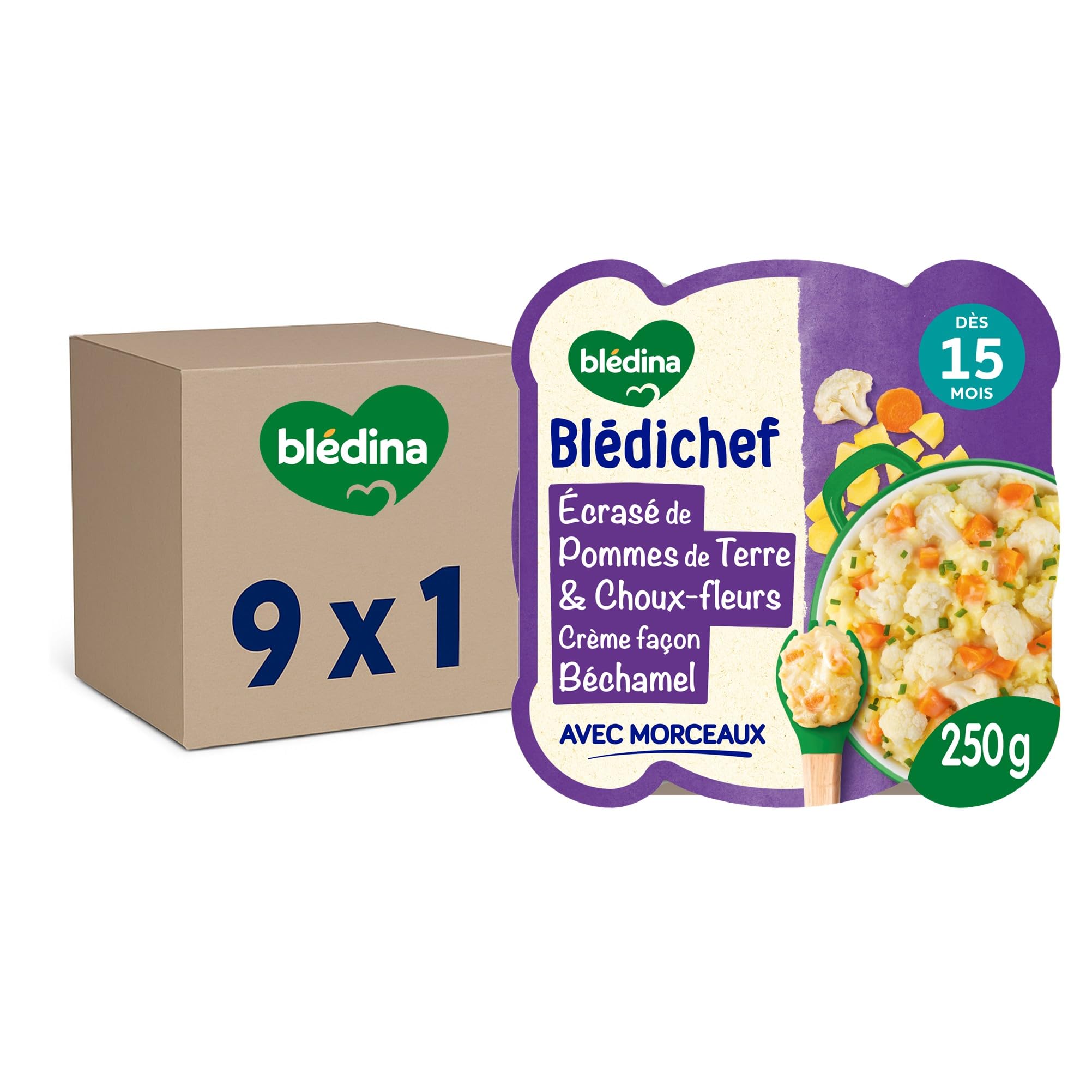 Blédina - Blédichef - Repas Bébé 15 Mois - 9 Plats Pommes de Terre Choux-Fleurs Béchamel - Petits Morceaux - 100% Ingrédients d'Origine Naturelle - Dès 15 Mois - 9 Assiettes de 250g