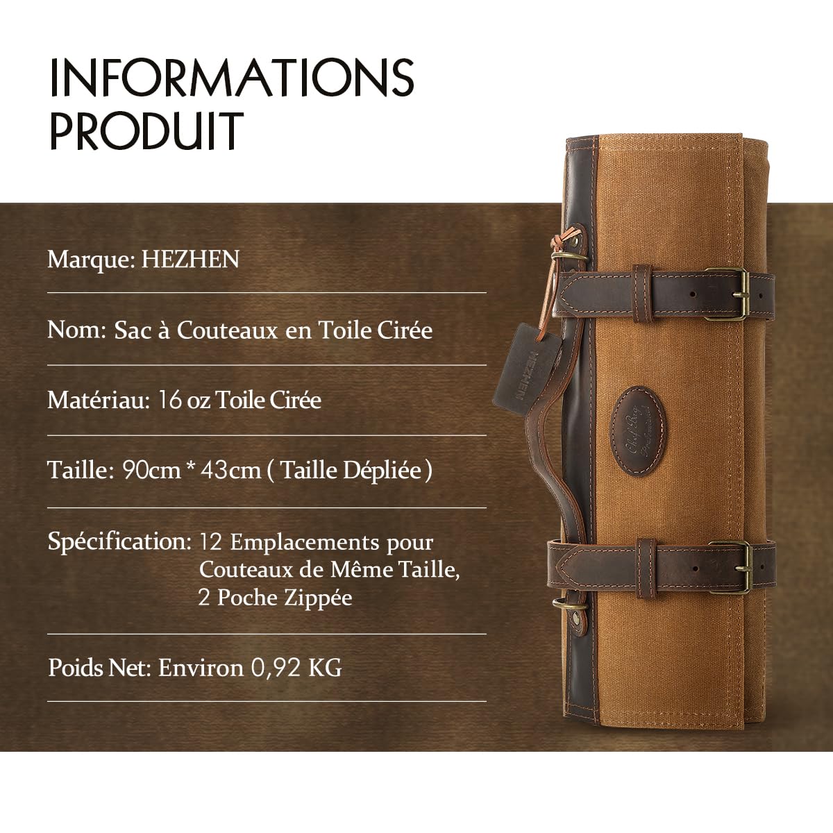 HEZHEN Sac à Couteaux de Chef，Rouleau de Couteau (sans Couteau)-Jaune Brun | 16oz Huile Ciré Toile, Imperméable,Bandoulière Réglable,12 Fentes & 2 Poche Zip, Portable Sacoche pour Rangement Couteau