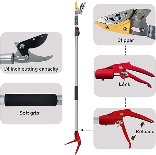 Miniatura 3 de Podadora telescópica de árbol de 5.8 a 10 pies con 2 secciones, 4 nodos ajustables, podadora de corte y sujeción, sierra de poste extensible,