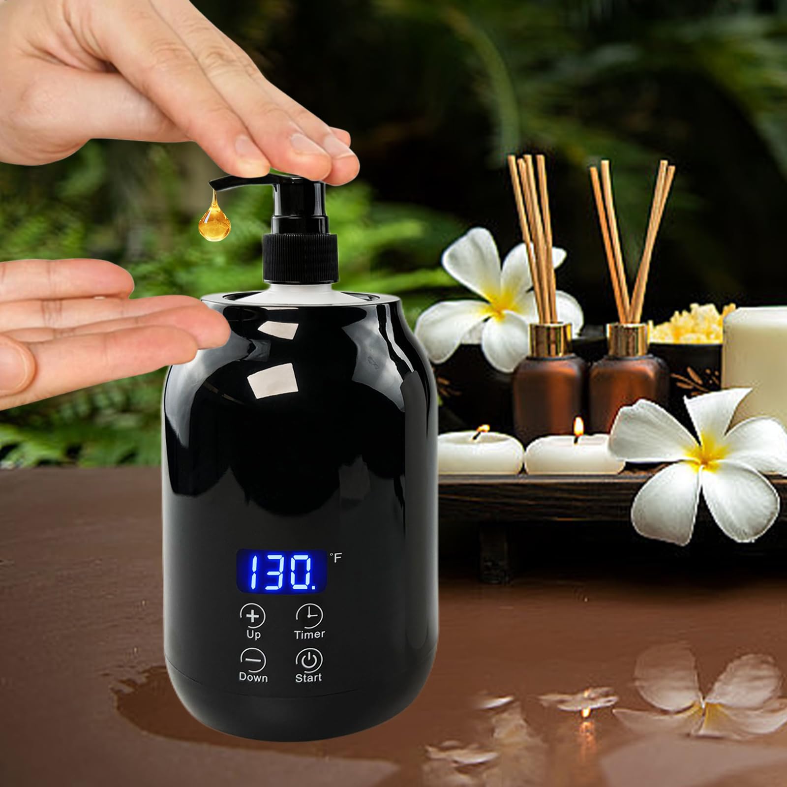 Massageöl Wärmer, Einstellbare Massageölwärmer 30-65°C mit 2 Ölflaschenspender LED Anzeige, Gel Ölwärmer Flaschenwärmer für Spa Salon
