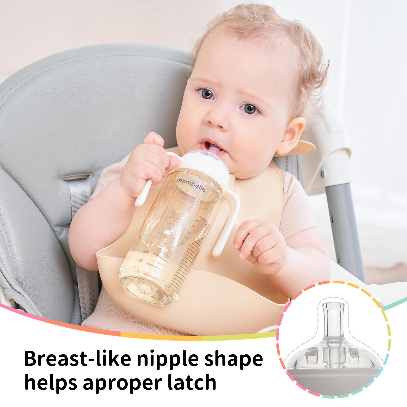 Mombella Classic PPSU Baby Bottles with Extra Fast Flow Nipple for 6 Months+, Anti Colic Infant Feeding Bottle with Straw n Handle, Two Air Free Vent Bottles for Breastfeeding Babies, 10 oz, Ivory