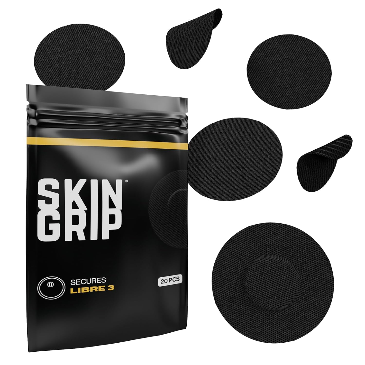 Skin GripFreestyle Libre 3 Sensor Covers-Waterproof & Sweatproof Adhesive Patches for 10-15 Days (Not for Libre2), Pre-Cut CGM Diabetic Sensors Cover, Compatible with Instinct Sensors- 20 Pack, Black