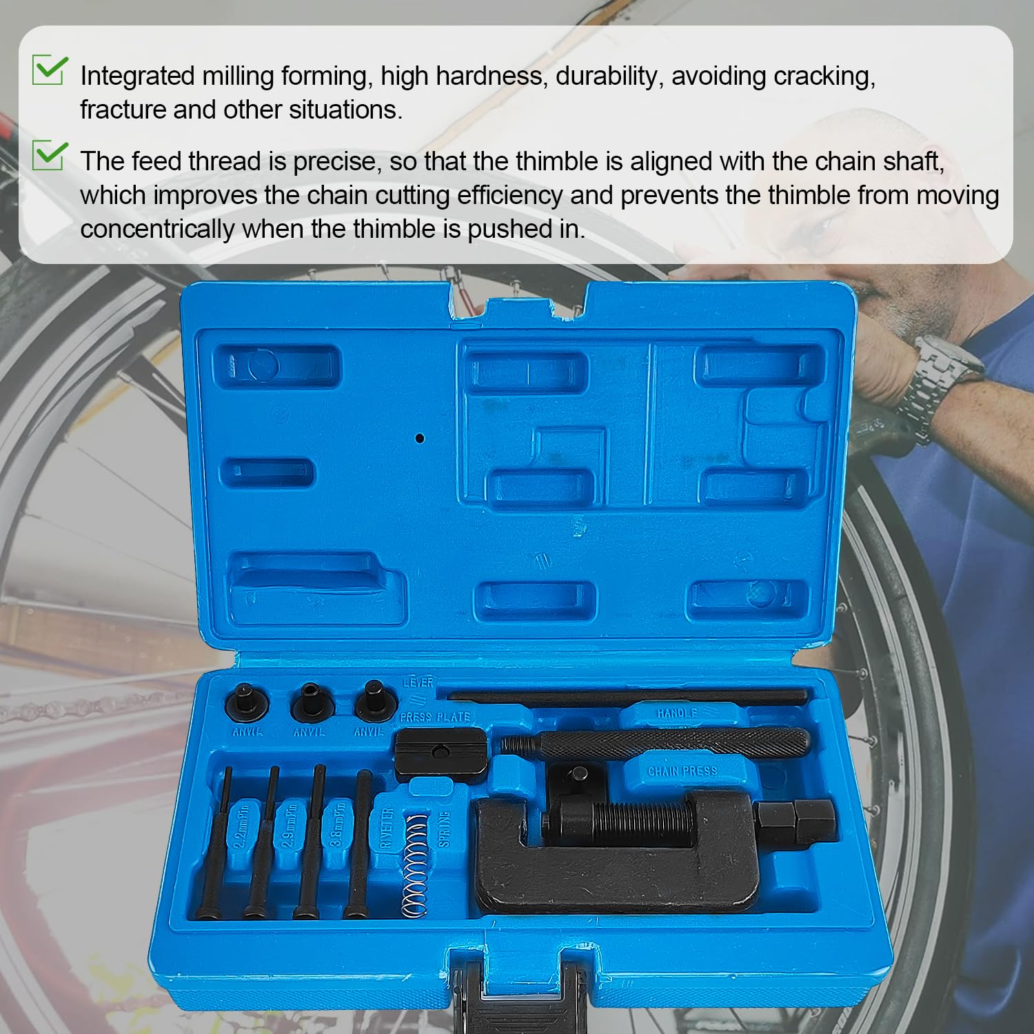 13 Piezas Remachadora Cadena Moto Kit, Tronchacadenas Moto Kit de Reparación, con Carcasa de Plástico de Alta Resistencia, Herramienta para Cortar Cadenas y Remachar