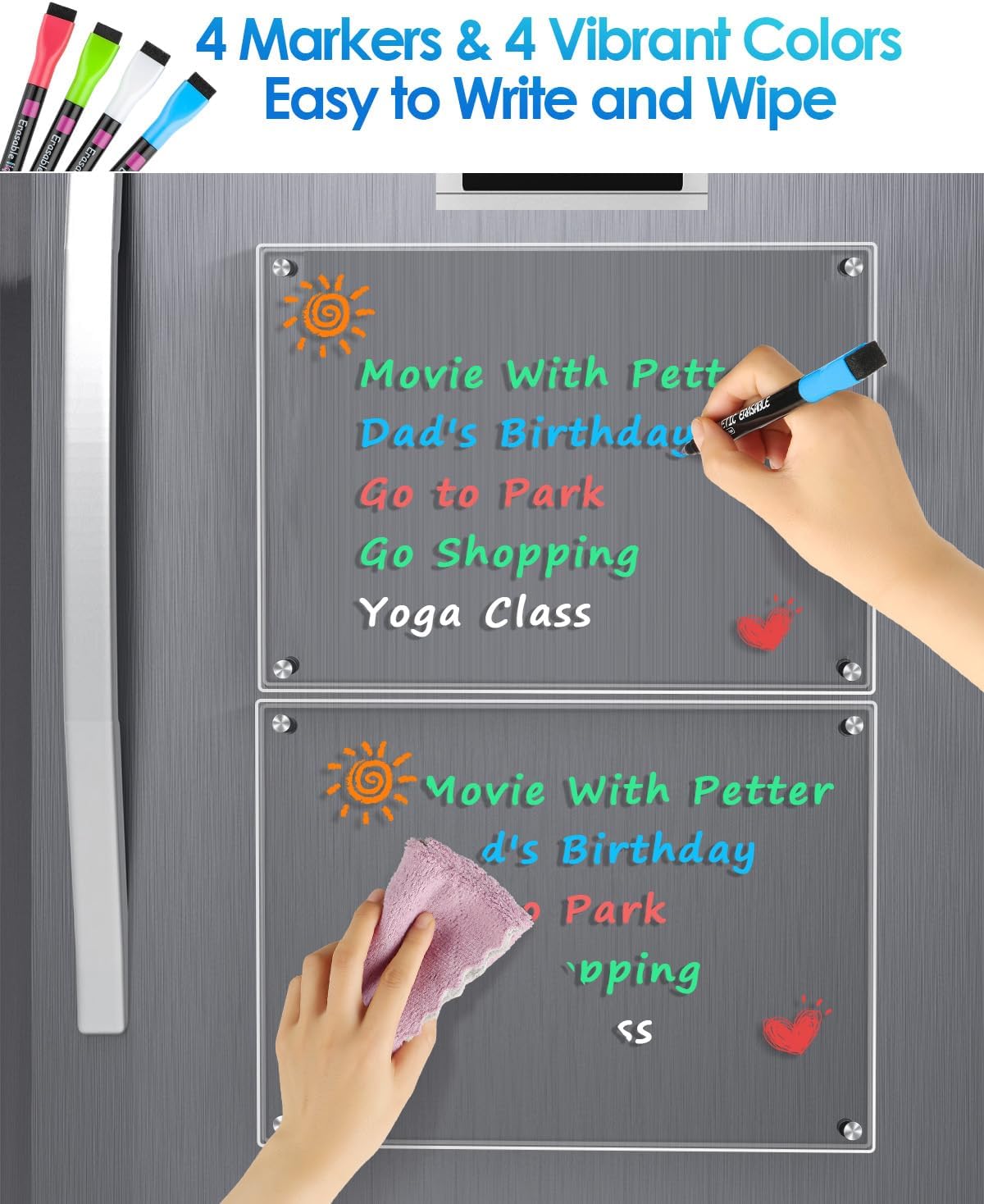 MaxGear 16"x12" Clear Acrylic Magnetic Whiteboard Fridge Dry Erase Board with 4 Markers and 1 Cloth, Reusable Kitchen Refrigerator Blank Memo Meal Planner to-Do List Grocery List Pad for Home Planner 16“x12"