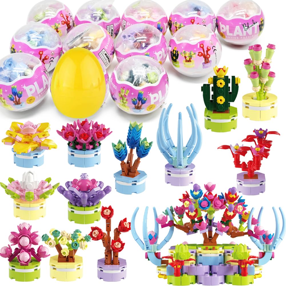 UMEELR12Pcs Pre Filled Easter Eggs Kit, 12 in 1 Succulent Plants Building Blocks, Egg Surprise Toys for Kids Easter Party Favors, Easter Basket Stuffers/Filler, Easter Gifts, Easter Egg Prizes