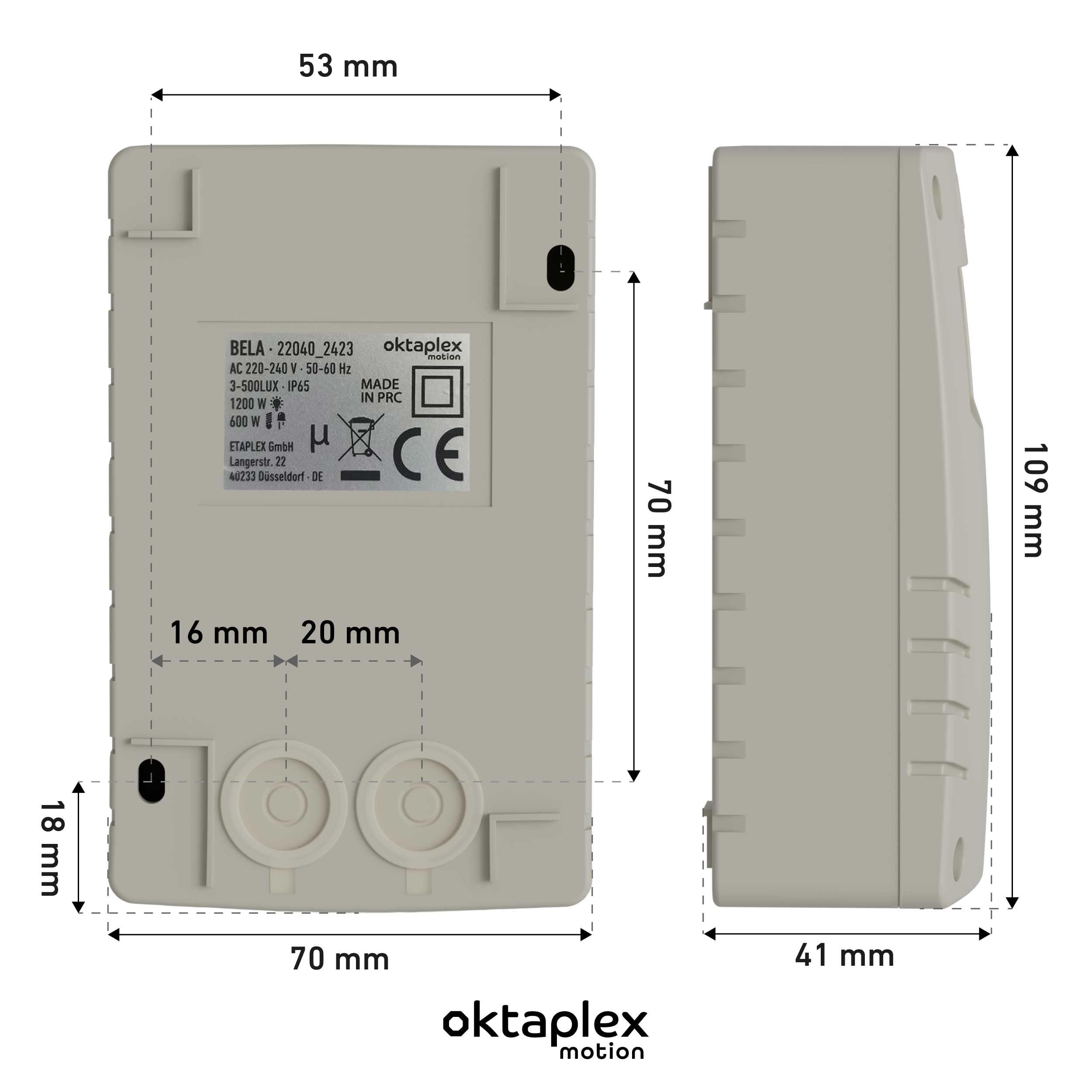 Oktaplex Bela interruptor crepuscular exterior con temporizador de apagado IP65 230V gris-blanco sensor crepuscular ajustable