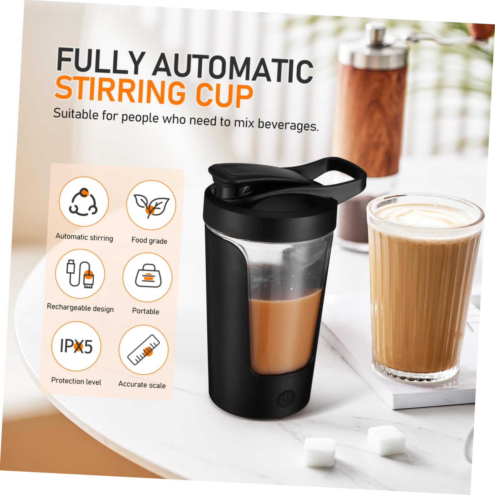 Tasse à Café Shaker Électrique Rechargeable 450ml Noire