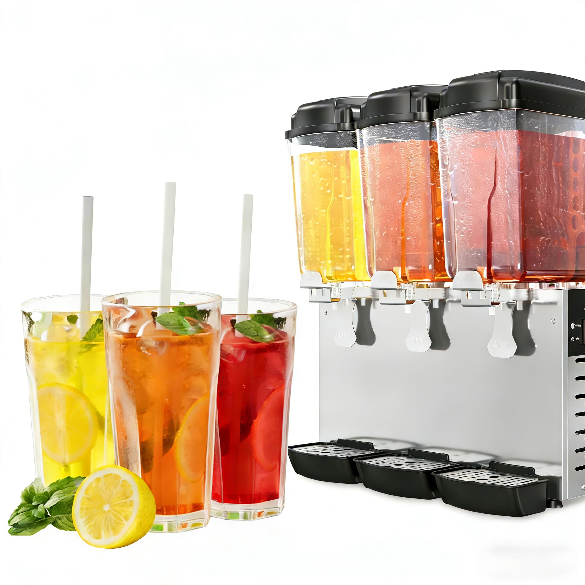 Commercial Beverage Dispenser, 14.28 Gallon/54l Juice Dispenser with 3 Tanks, 380w Stainless Steel Ice Tea Dispensers with Thermostat Control,