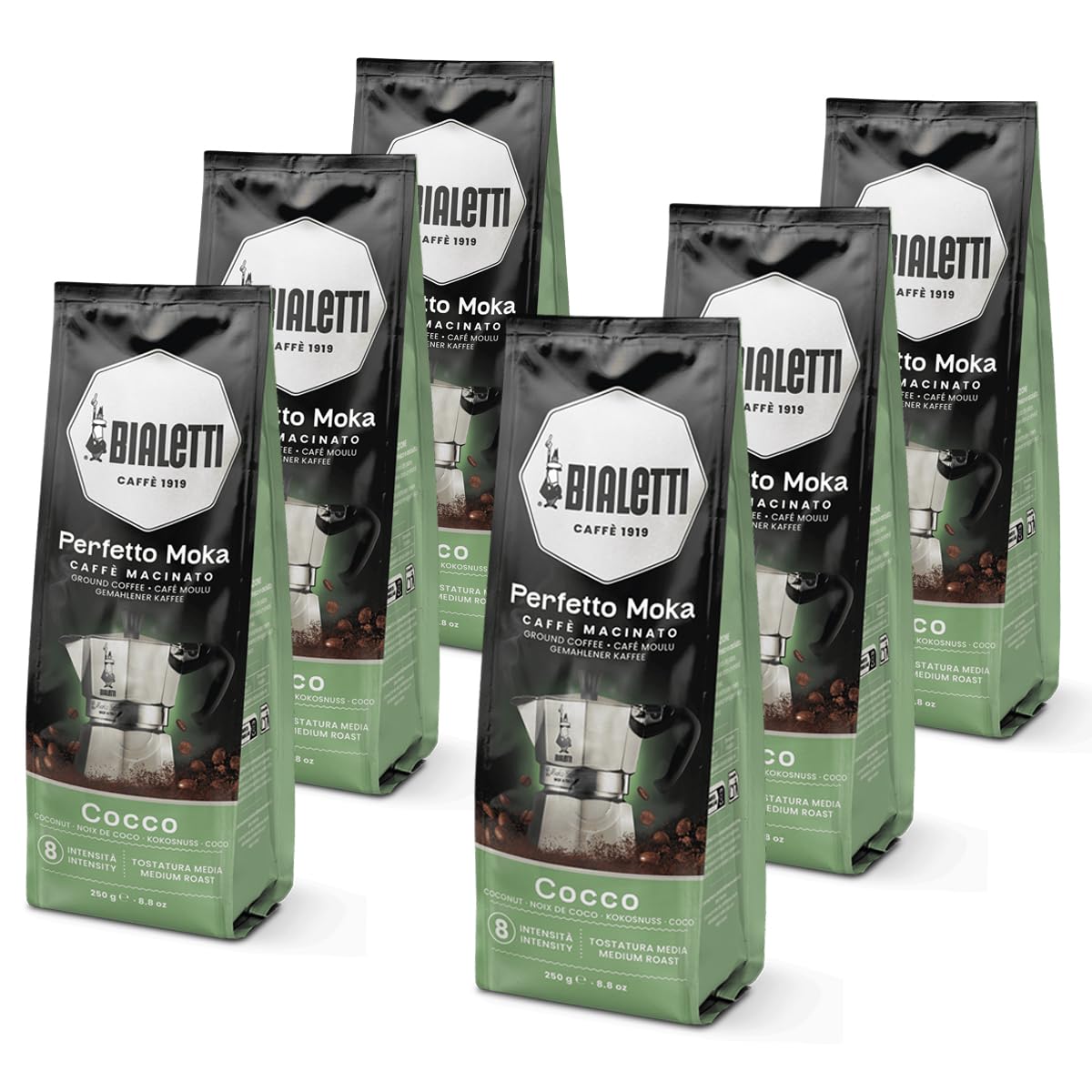 Bialetti Perfetto Moka Caffè Macinato, 1.5 Kg, Gusto Cocco - 6 x 250 g