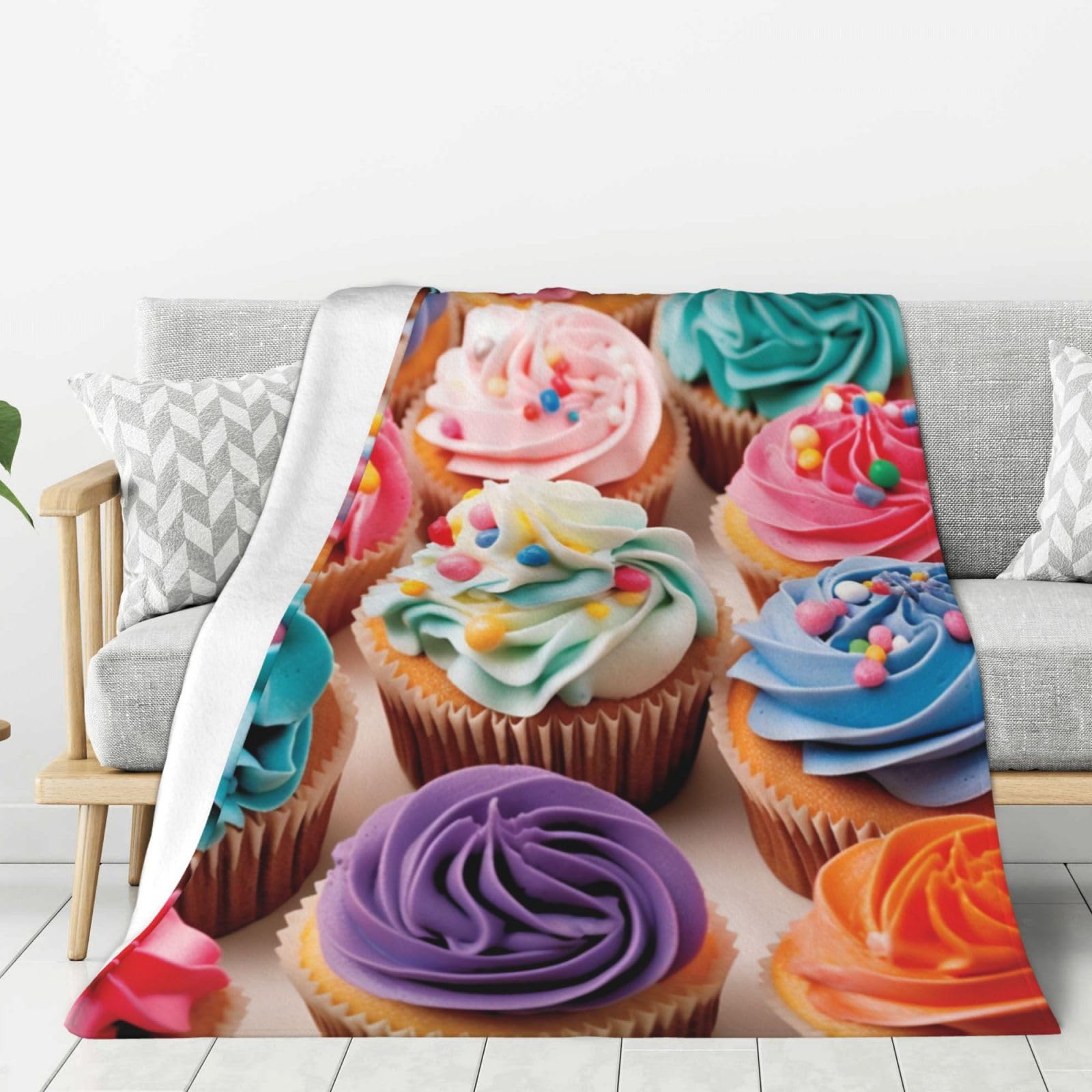 Couverture en flanelle cupcakes d'anniversaire polaire douce 203x152 cm pour lit et canapé