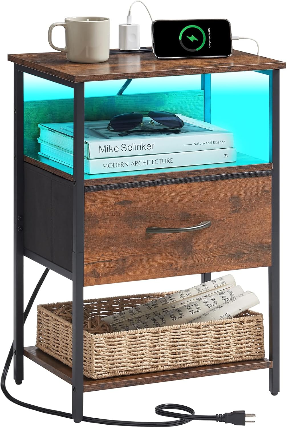 Somdot nightstand with charging station and LED light