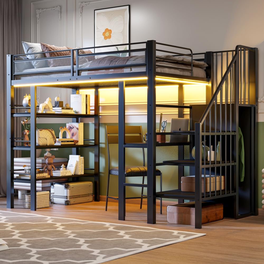 Cama alta de 90 x 200 cm con tira luminosa LED y toma de corriente, cama de hierro forjado con compartimento de almacenamiento y librería, cama individual de metal multifuncional, sin colchón