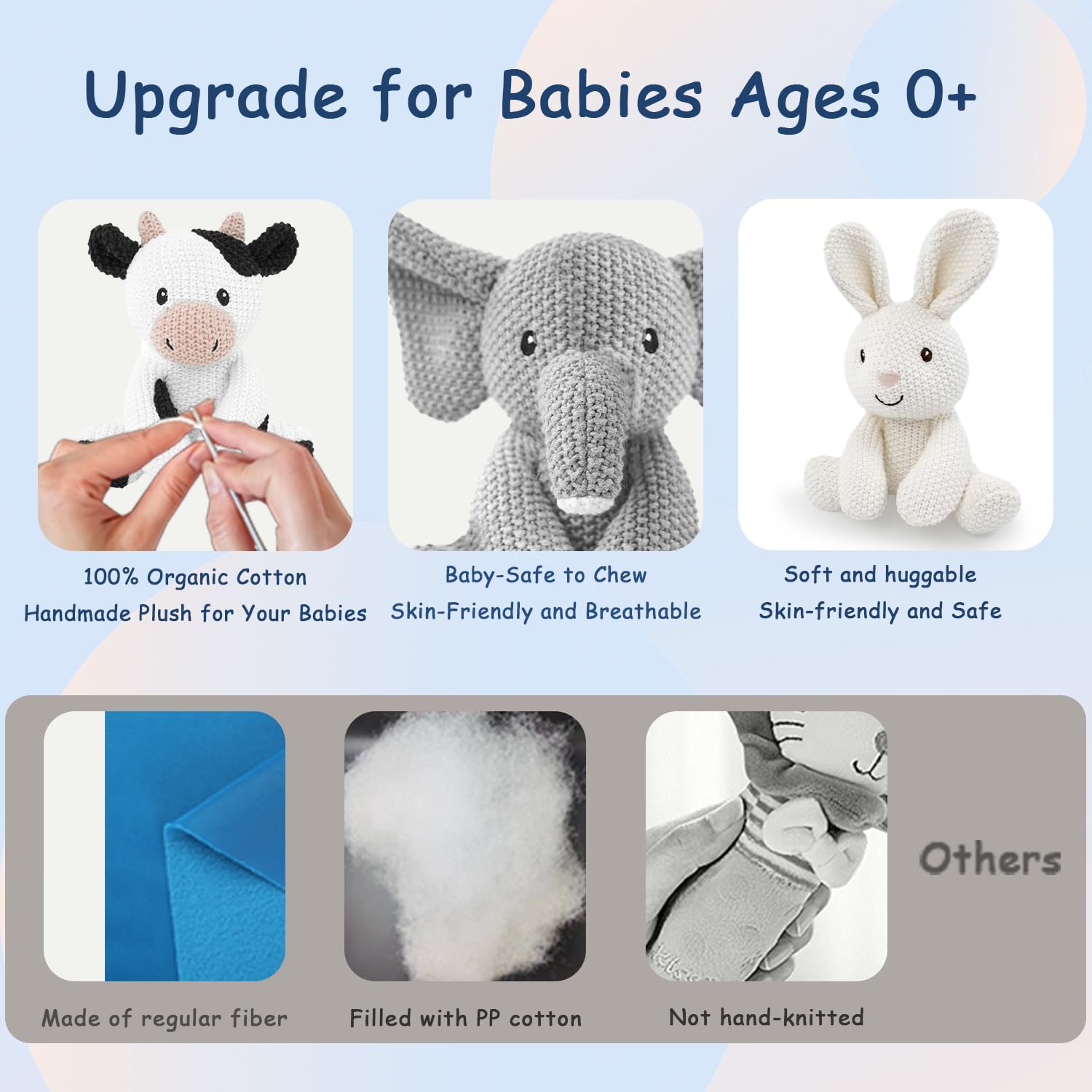 Set di 3 giocattoli di peluche per bambini, 20,3 cm, con coniglio all'uncinetto in peluche, elefante, mucca di cotone, regalo per ragazze, ragazzi e bambini, Natale