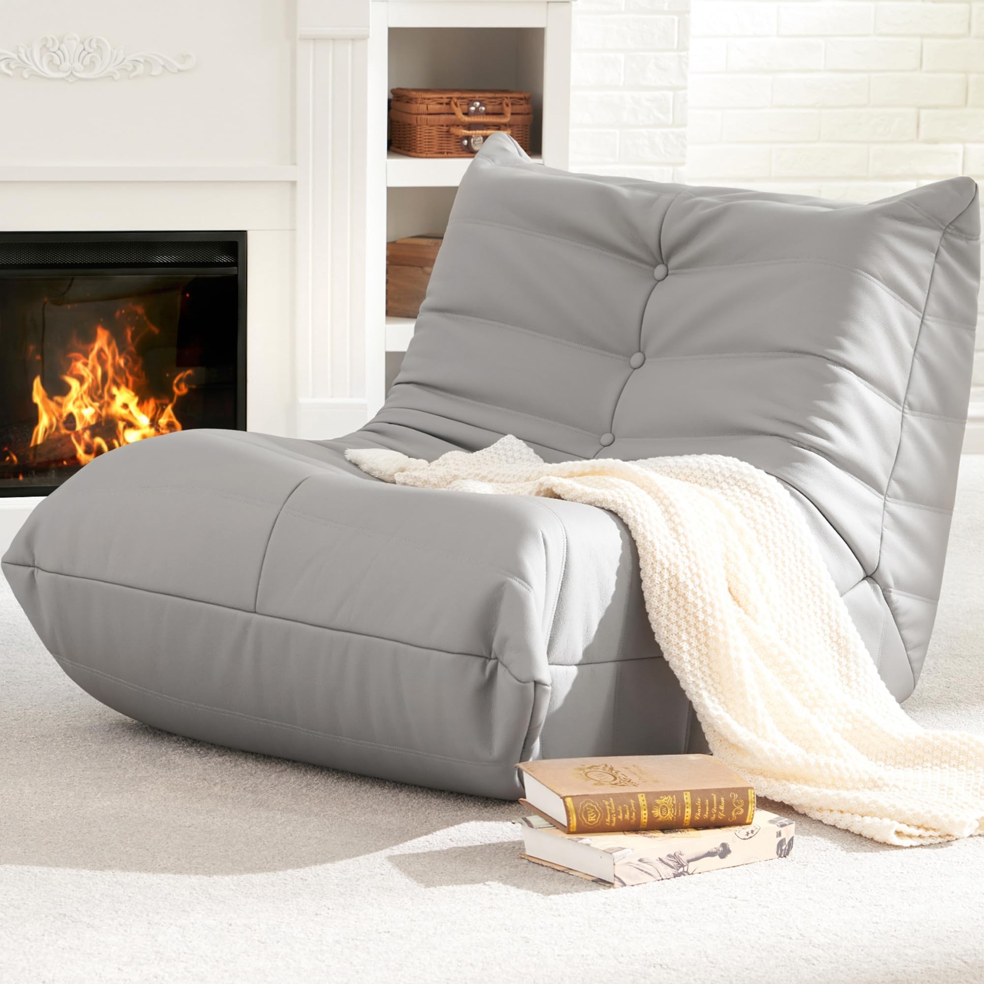Hobestluk Giant Bean Bag Chair Lazy Floor Sofa, Memory Foam Fireside Sofa for Adults, Big Beanbag Faux Leather Armless Chair for Living Room Bedroom Dorm Office (Light Grey, Single)
