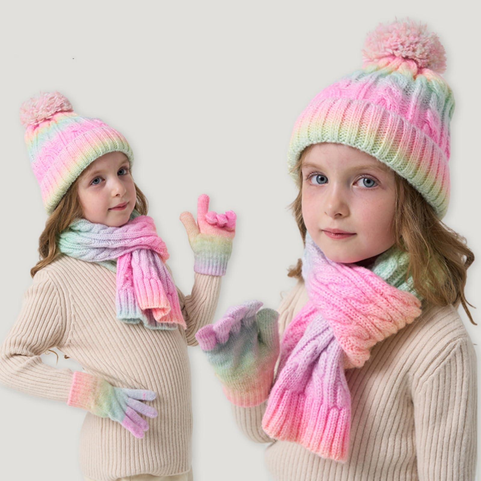 Kunyeah Set berretto, sciarpa e guanti per bambini Guanti lavorati a maglia Cappellino foderato in pile Scaldacollo per bambini e bambine dai 3 ai 10 anni