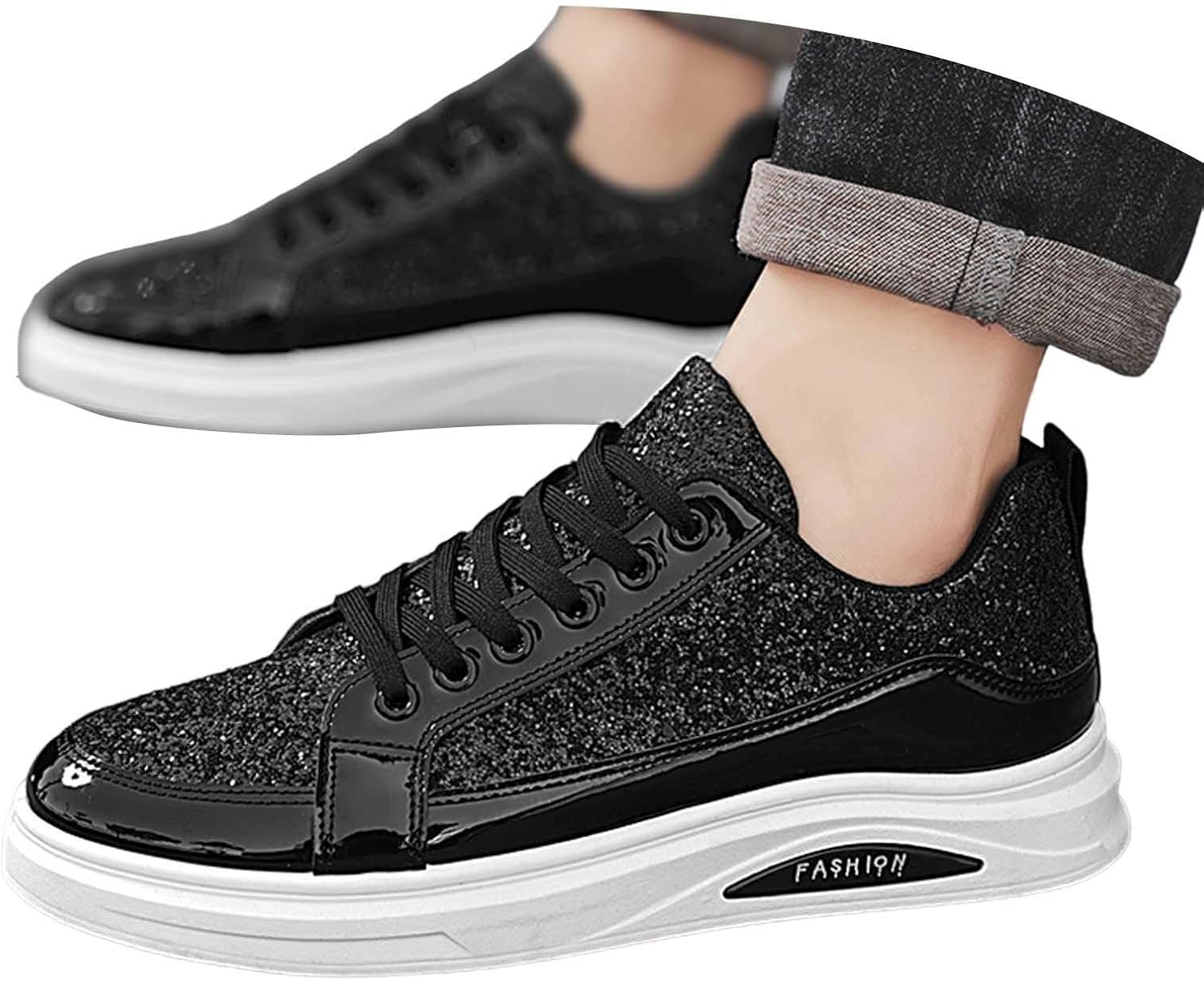 Men's Sparkly Sneaker Shoes Soft Ultra Light Lace Up Loafers Leather Spring Breathable Party Shoes - Image 2