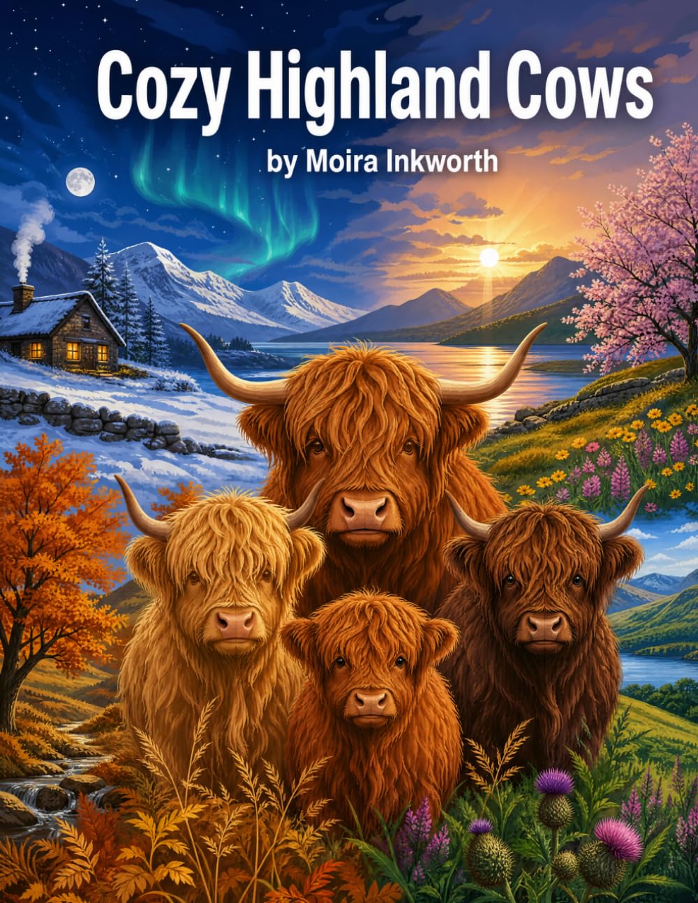 Highland Cows Coloring Book for Adults: 30 Cozy Scottish Scenes: Seasonal Line Art Pages of Scotland's Beloved Shaggy Breed for Adults