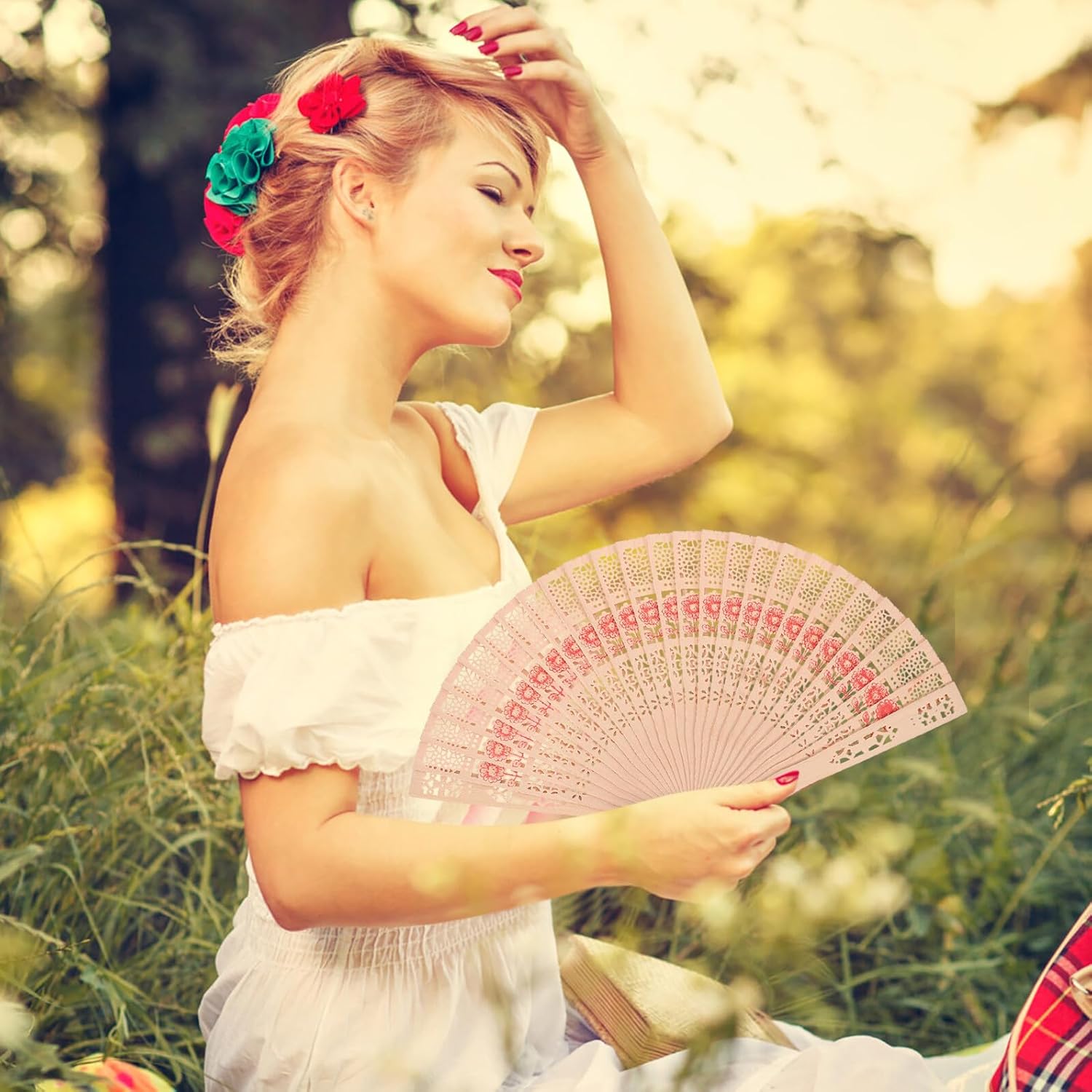 50pcs 8-inch Hollow Sunflower Folding Fans with Mesh Bag, Vintage Handheld Fans for Weddings, Tea Parties, and Stage Shows