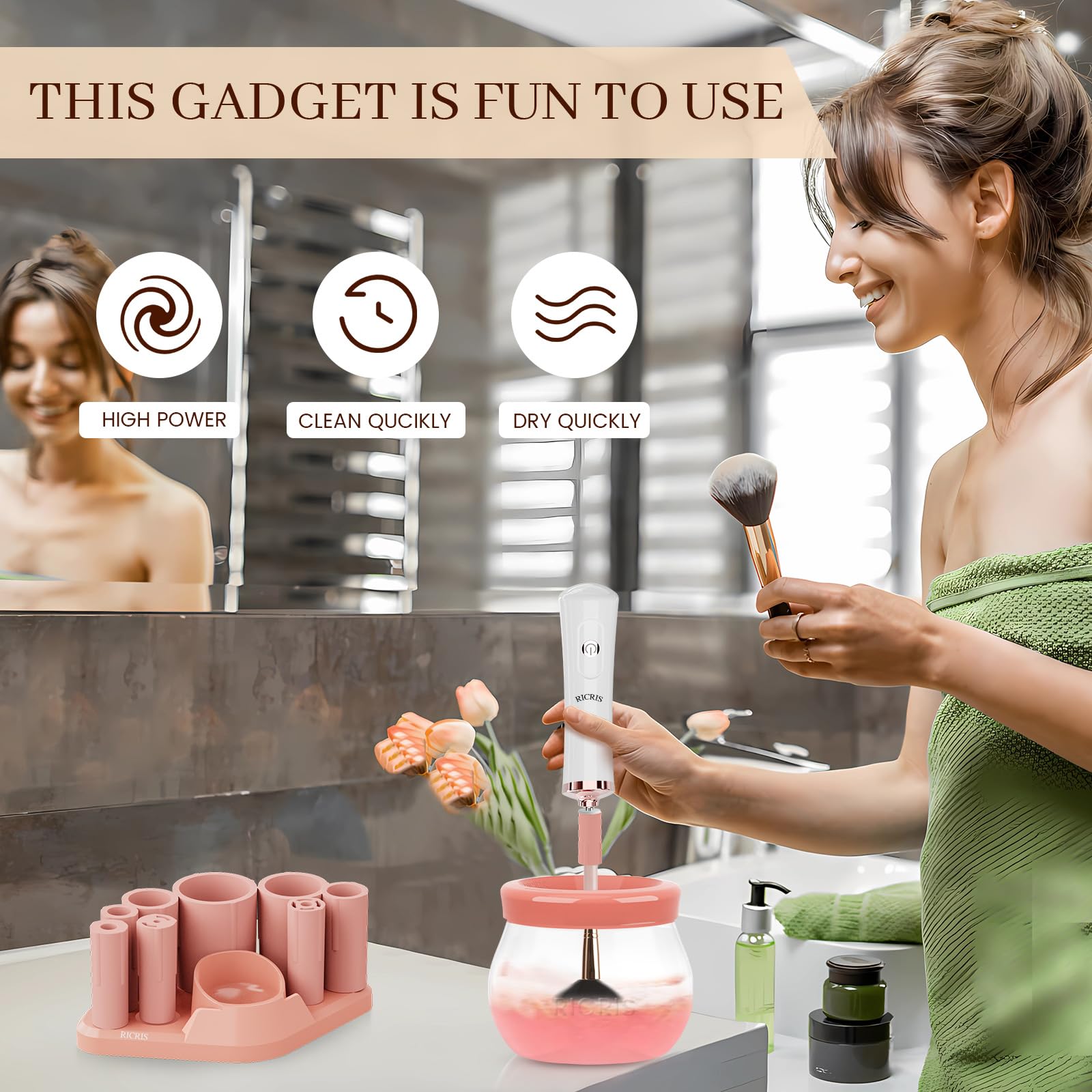 RICRIS Nettoyeur de pinceaux de maquillage électrique USB ultra rapide - Laveuse et séchoir à pinceaux de maquillage - Outil de nettoyage automatique des pinceaux cosmétiques - Nettoie et sèche en