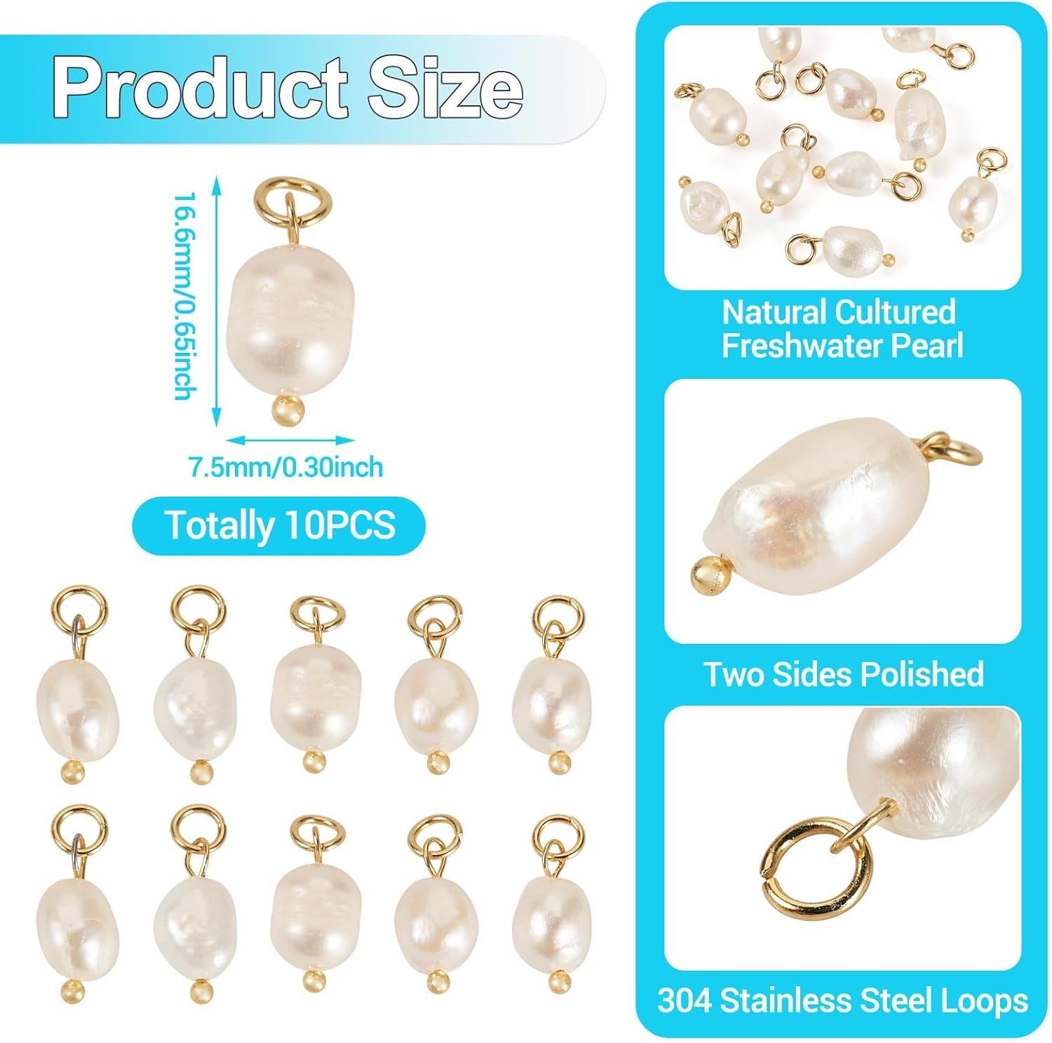 Craftdady Natural Cultured Freshwater Pearl Charms Irregular Pearls Charms with Stainless Steel Loops for DIY Necklaces Bracelets Earrings Jewelry Making - Image 3