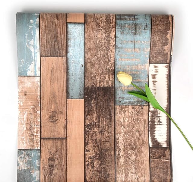FENTIS Wood Panel Wallpaper for Bedroom Peel and Stick Wallpaper for Kitchen Dark Brown and Blue Self Adhesive Contact Paper for Walls Living Room 44.5x500cm Furniture Sticker for Door Worktop