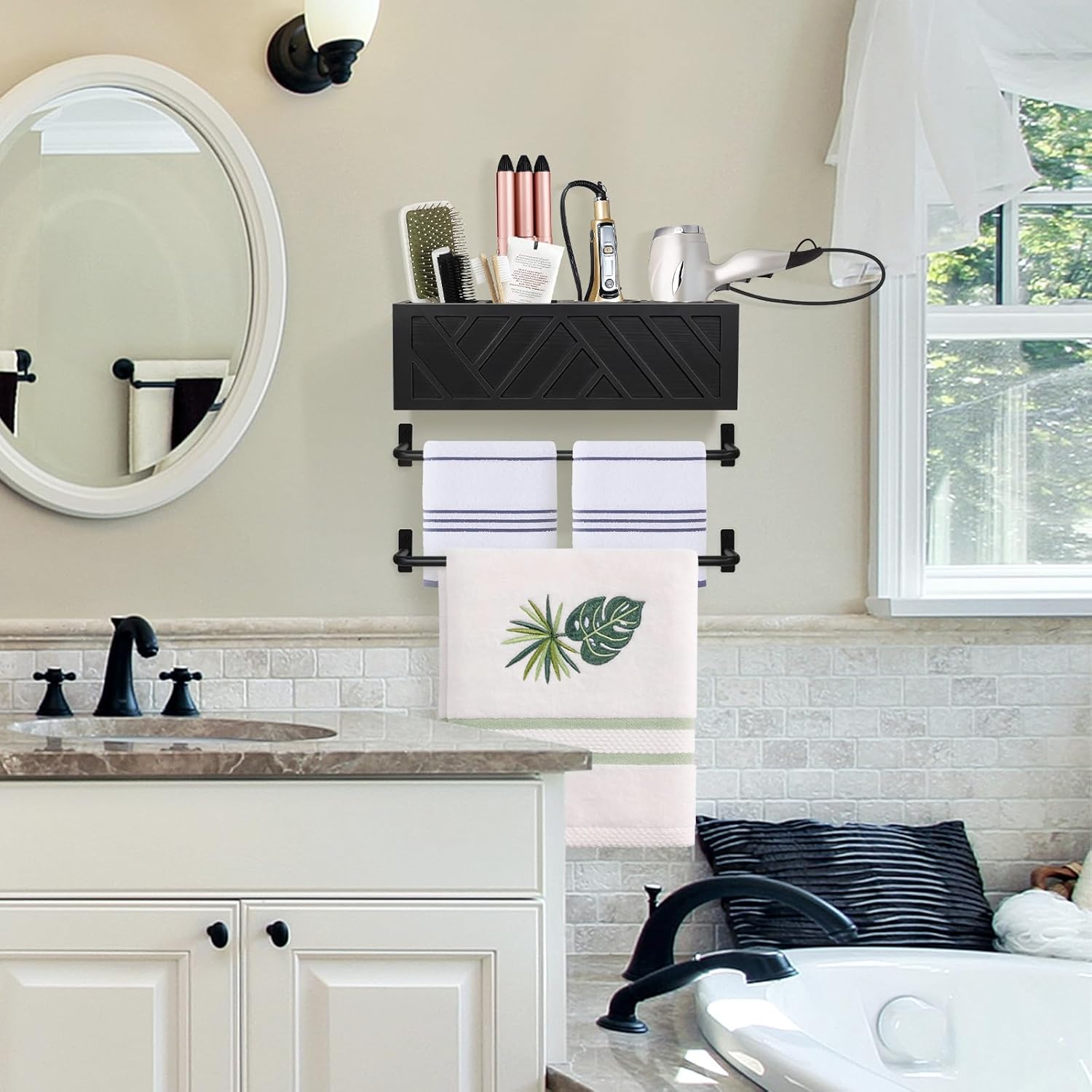 Hair Tool Organizer Wall Mount, Hair Dryer Holder with 2 Towel Bars, Wood Hot Tools Organizer, Rustic Bathroom Organizer Blow Dryer Holder for Bathroom Decor, Flat Iron, Curling Wand, Brushes(Black)