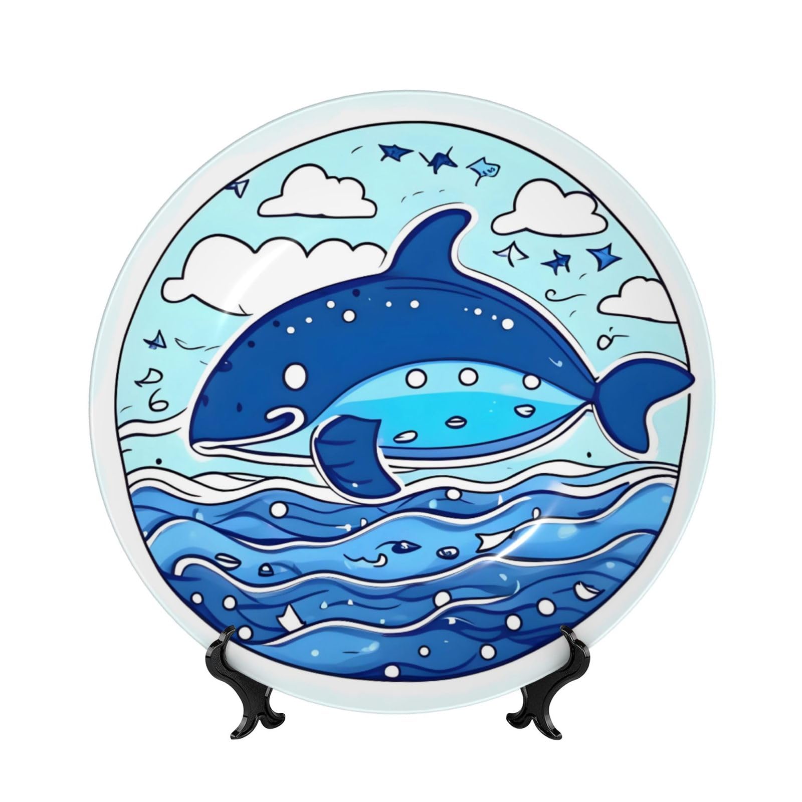 SXZVVBN Small whale swimming Bone China Decorative Plate Art with Stand Removable Adhesive Hanging for Home Office 7in