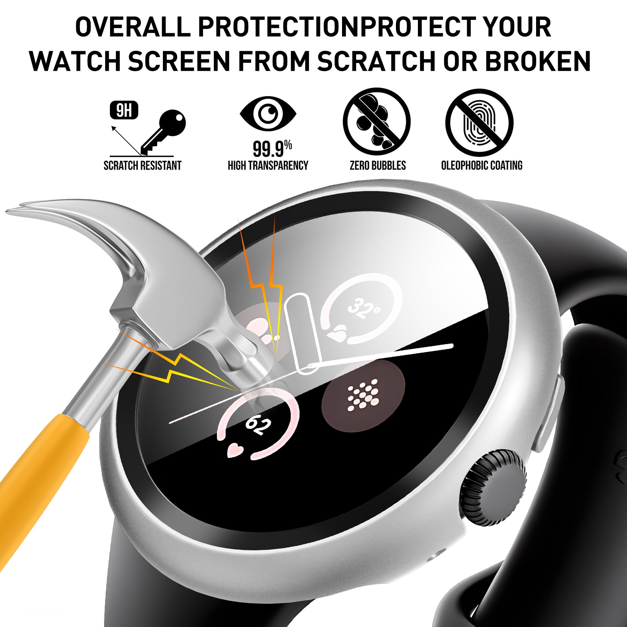 Diruite 3-Pack Screen Protector for Google Pixel Watch 3/2/1 41mm Tempered Glass Case All Around Hard PC Protective Cover,Black&Silver&Transparent - Image 3