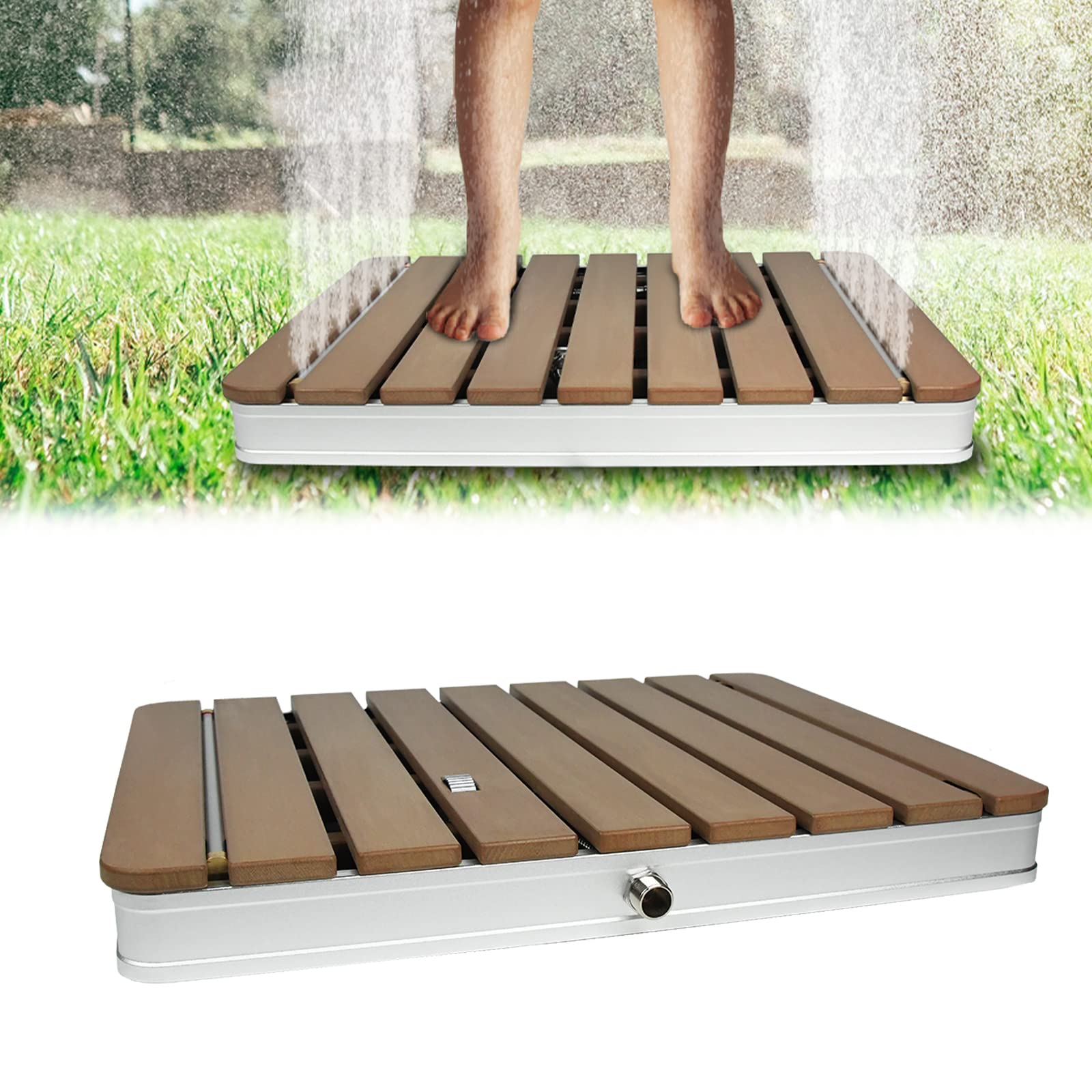 UISEBRT Douche de jardin en WPC et aluminium - Douche au sol mobile Douche solaire Douche de camping - Hauteur de jet réglable jusqu'à 4m - pour piscine Jardin Terrasse (Rectangulaire - Brun)