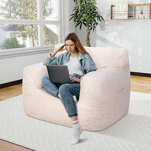 Adults Bean Bag Chair, White Memory Foam Stuffed Lazy Sofa with Armrest Pocket S