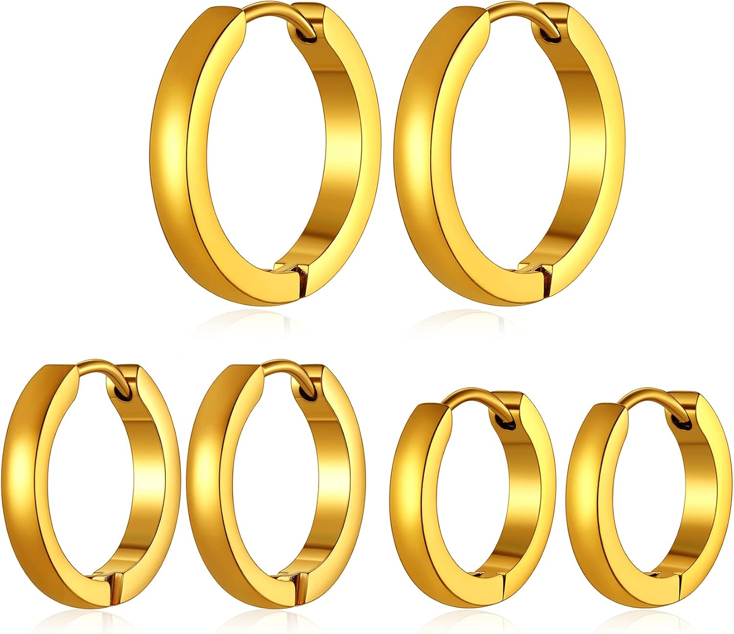 ChainsHouse Hypoallergenic Surgical Stainless Steel Hoop Earrings Set, 18K Gold/Black Metal Plated 7mm/8mm/9mm/12mm 3 Pairs Nickel Free Huggie Hoop Earrings for Women Men, with Gift Box