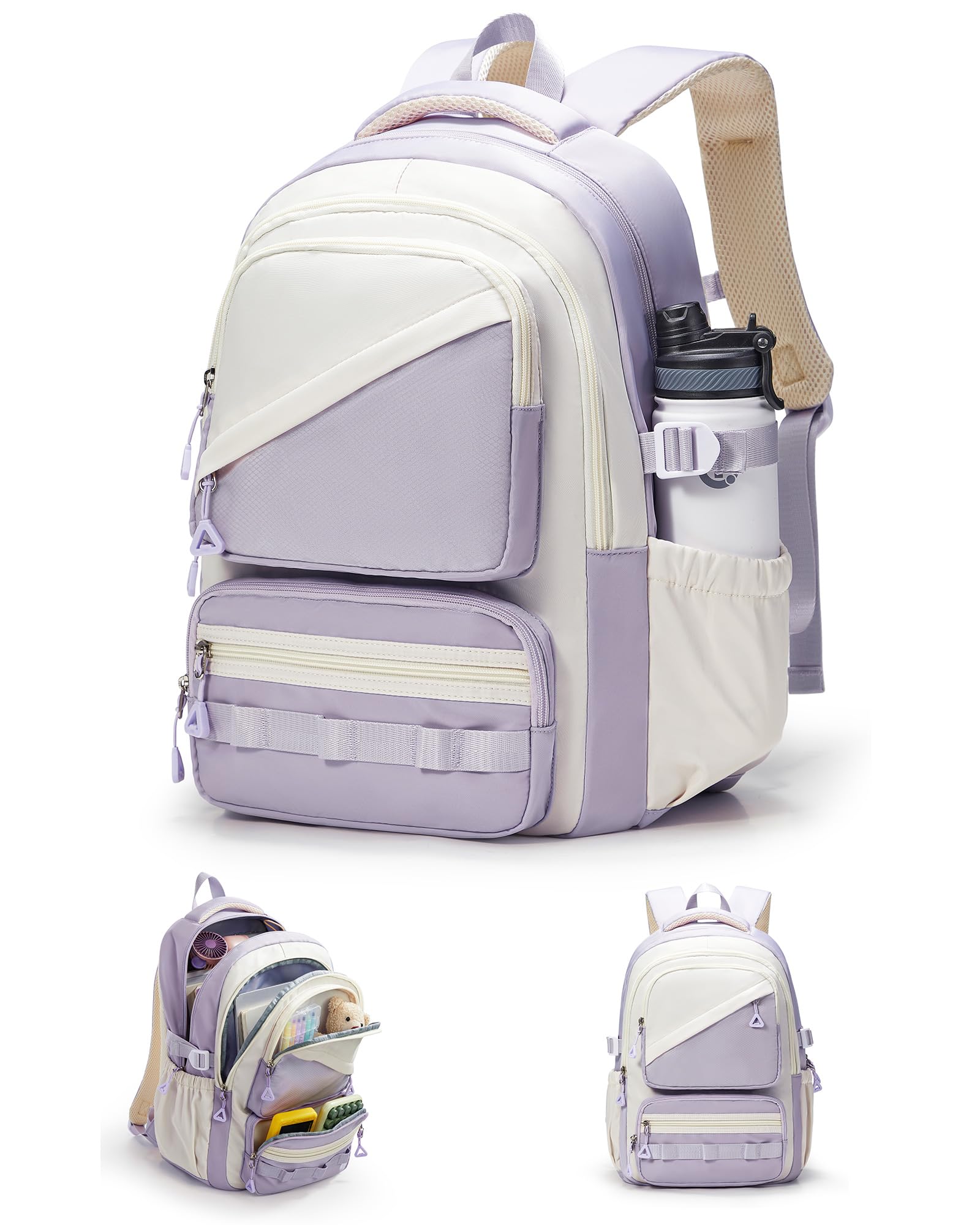 Schulrucksack Mädchen Lila Teenager - Ästhetischer Rucksack Violett Pastell mit Transparentem Fach, Großer Japanischer Anime Daypack für Schule & Uni, Kawaii Style, Viele Fächer, School Backpack Girls