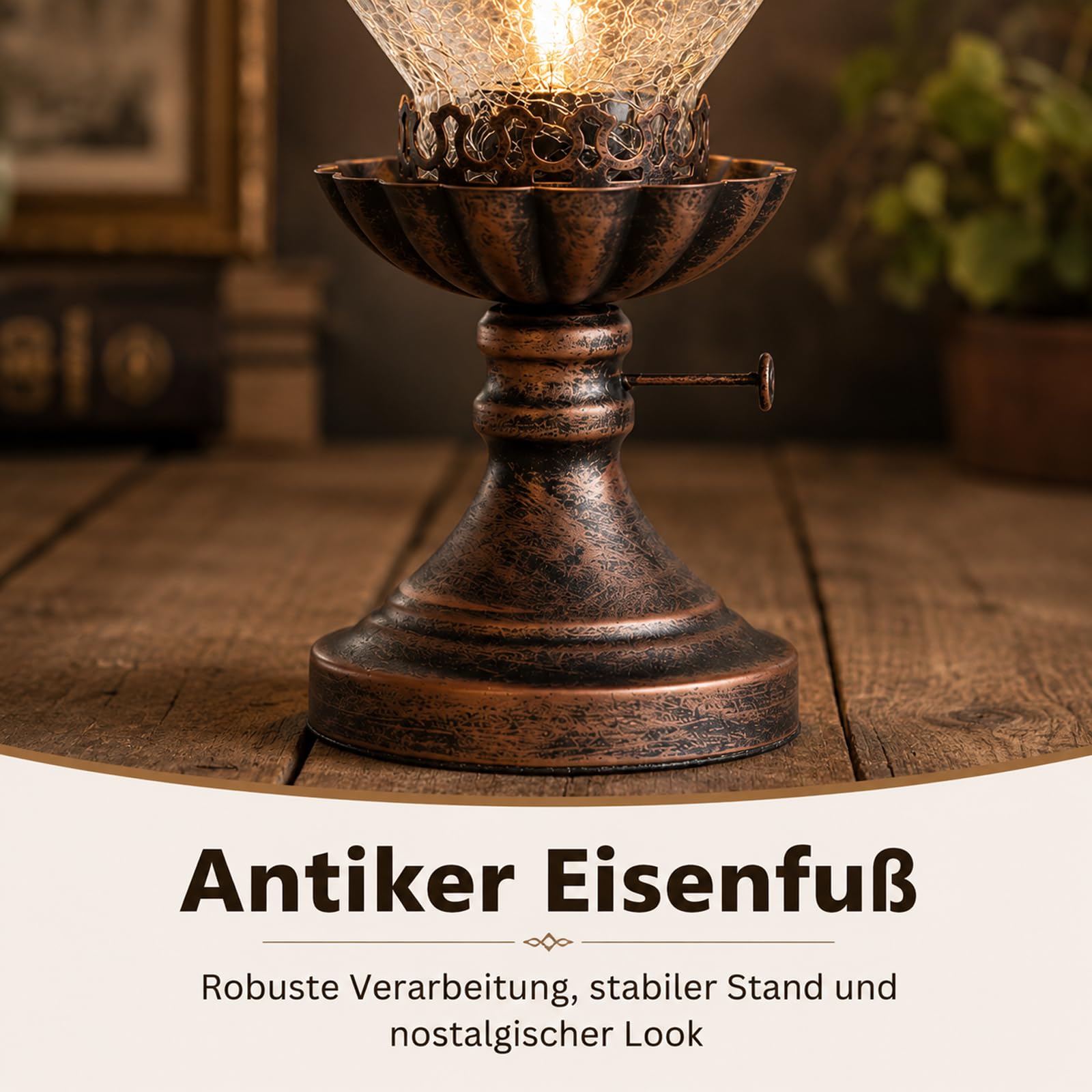 LANMOU Tischlampe Vintage im Petroleumlook, Riss Glas Schirm | E27 Elektrische Retro Petroleumlampe Nostalgische Nachttischlampe im Öllampen-Design, 110 - 240 V, H 40cm