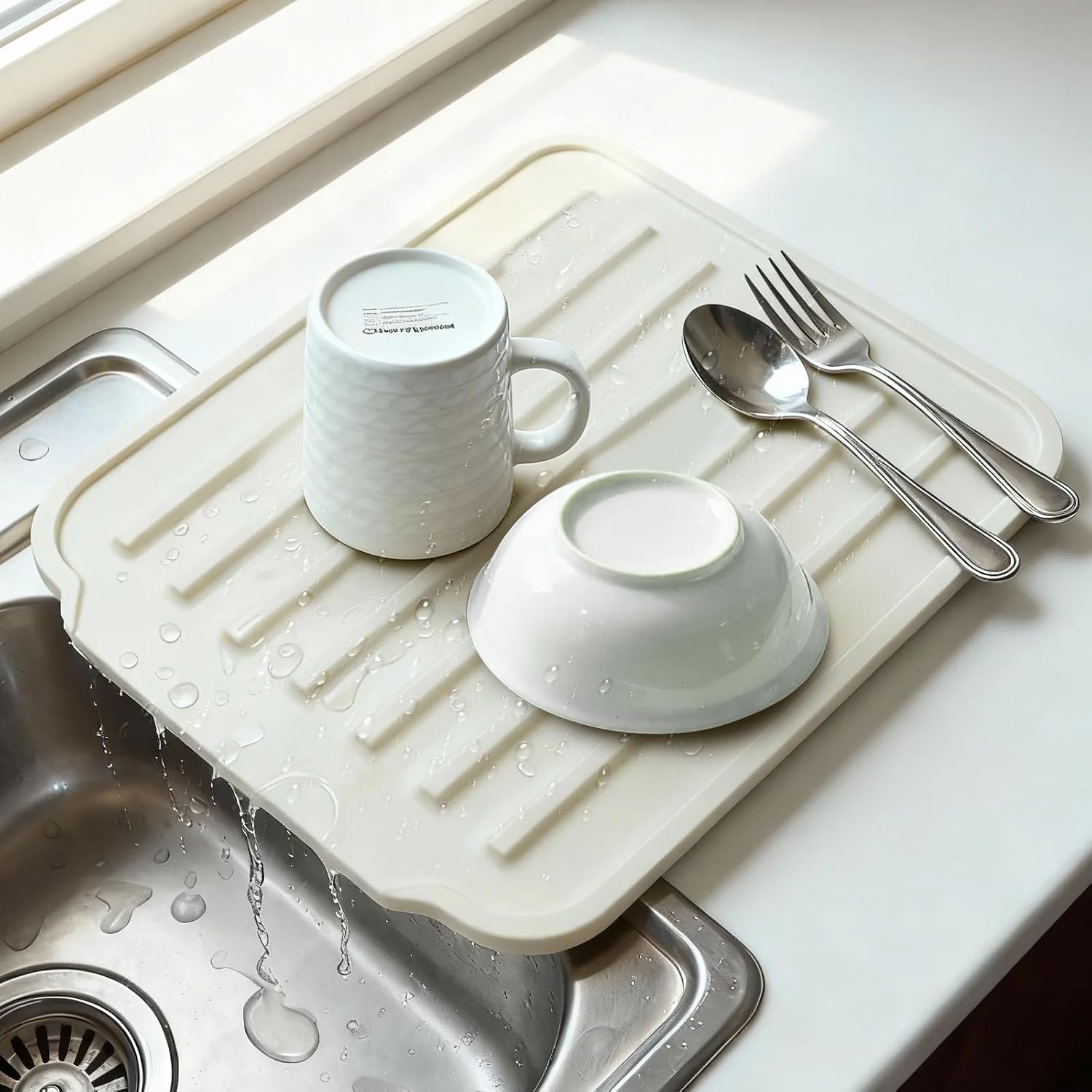 Silicone Dish Drying Mat with Drain Spout, Kitchen Countertop Mat