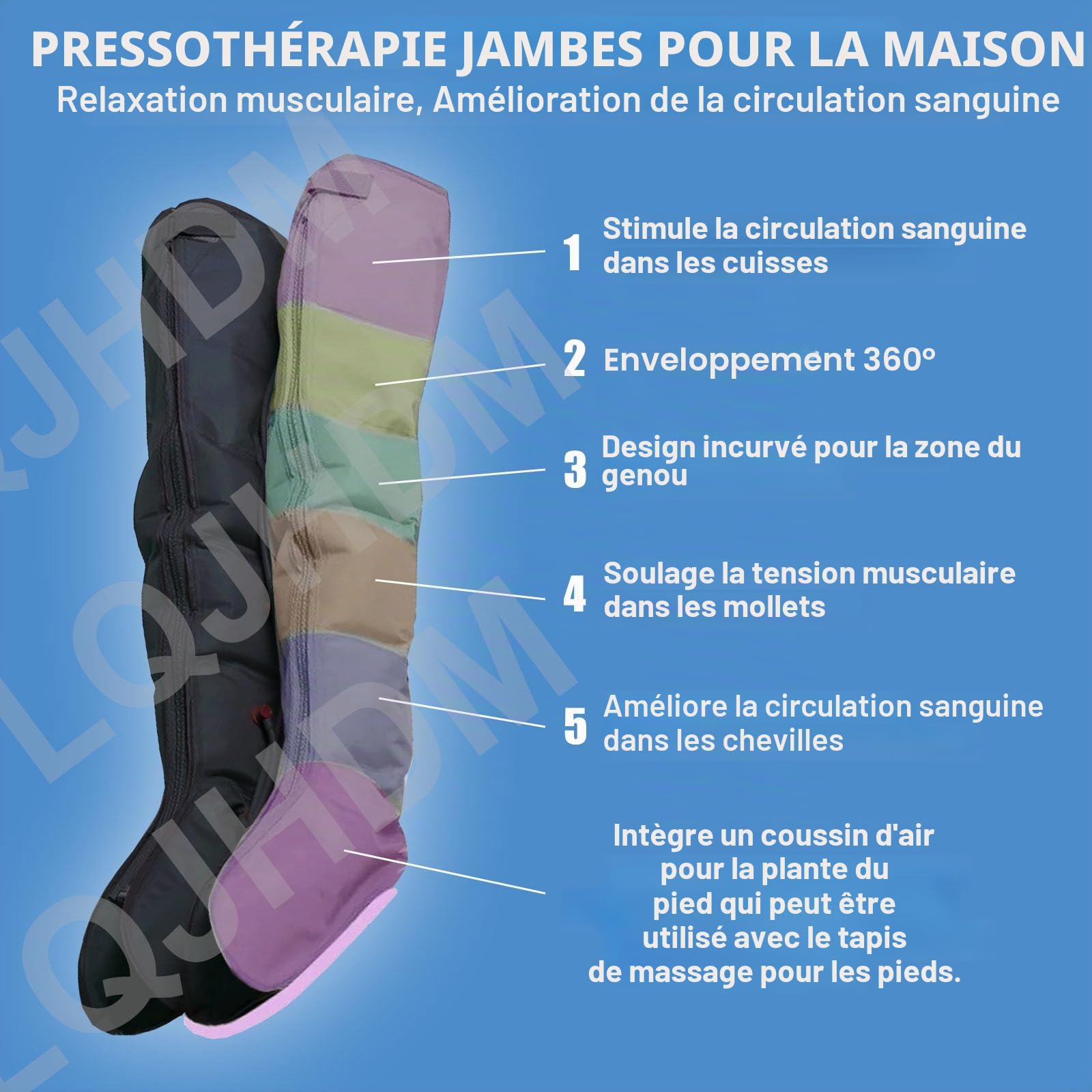 Presothérapie Jambes et Abdomen, Bottes de Pressothérapie pour Jambes, Machine de Massage à 6 Chambres pour Drainage Lymphatique et Circulation, 0-30 Min, 0-240 Mmhg Réglables (Noir, 2 jambes +