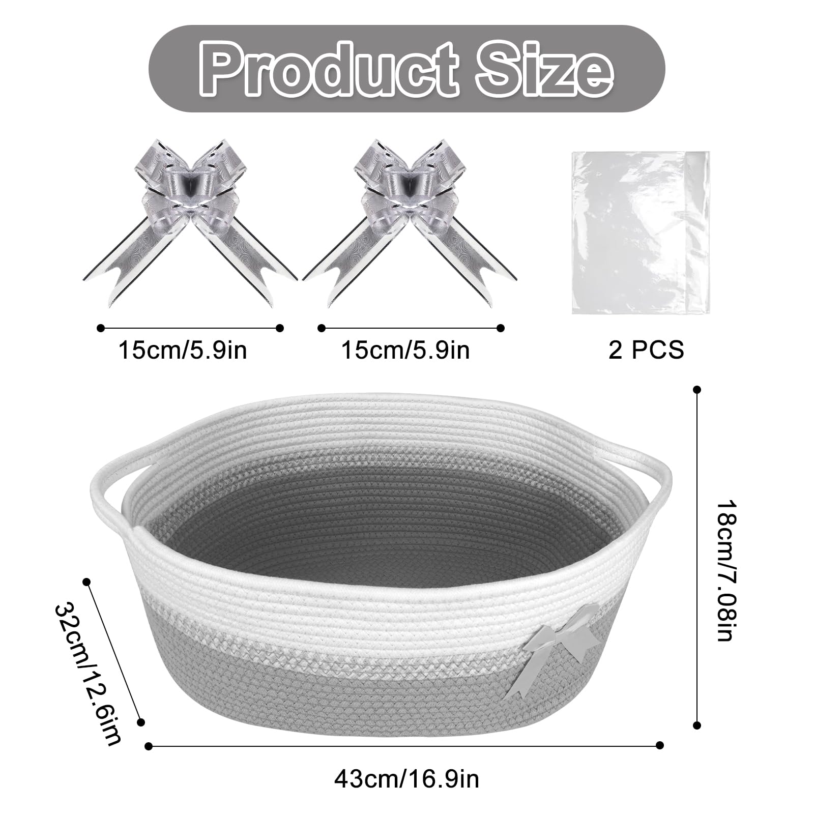 Lotvic 43 x 32 x 18 cm, cesto regalo grande, kit cestino, cesto vuoto, con sacchetti di cellophane e fiocchi (grigio e bianco)