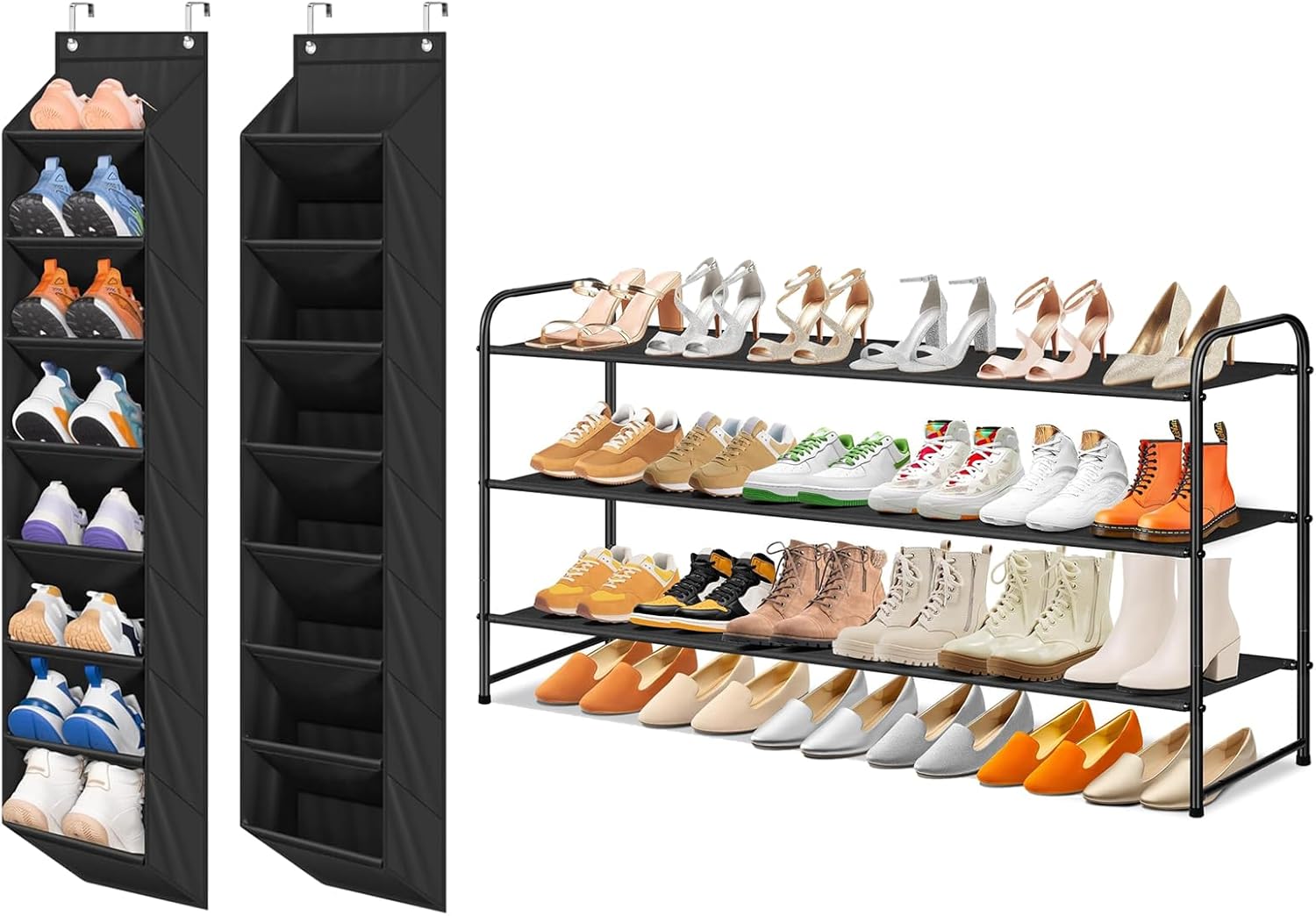 SLEEPING LAMB 2 Pack Narrow Over The Door Shoe Organizer with 8 Large Deep Pockets (Black) and Long 3-Tier Shoe Organizer for Closet, Stackable Wide Shoe Rack (Black)