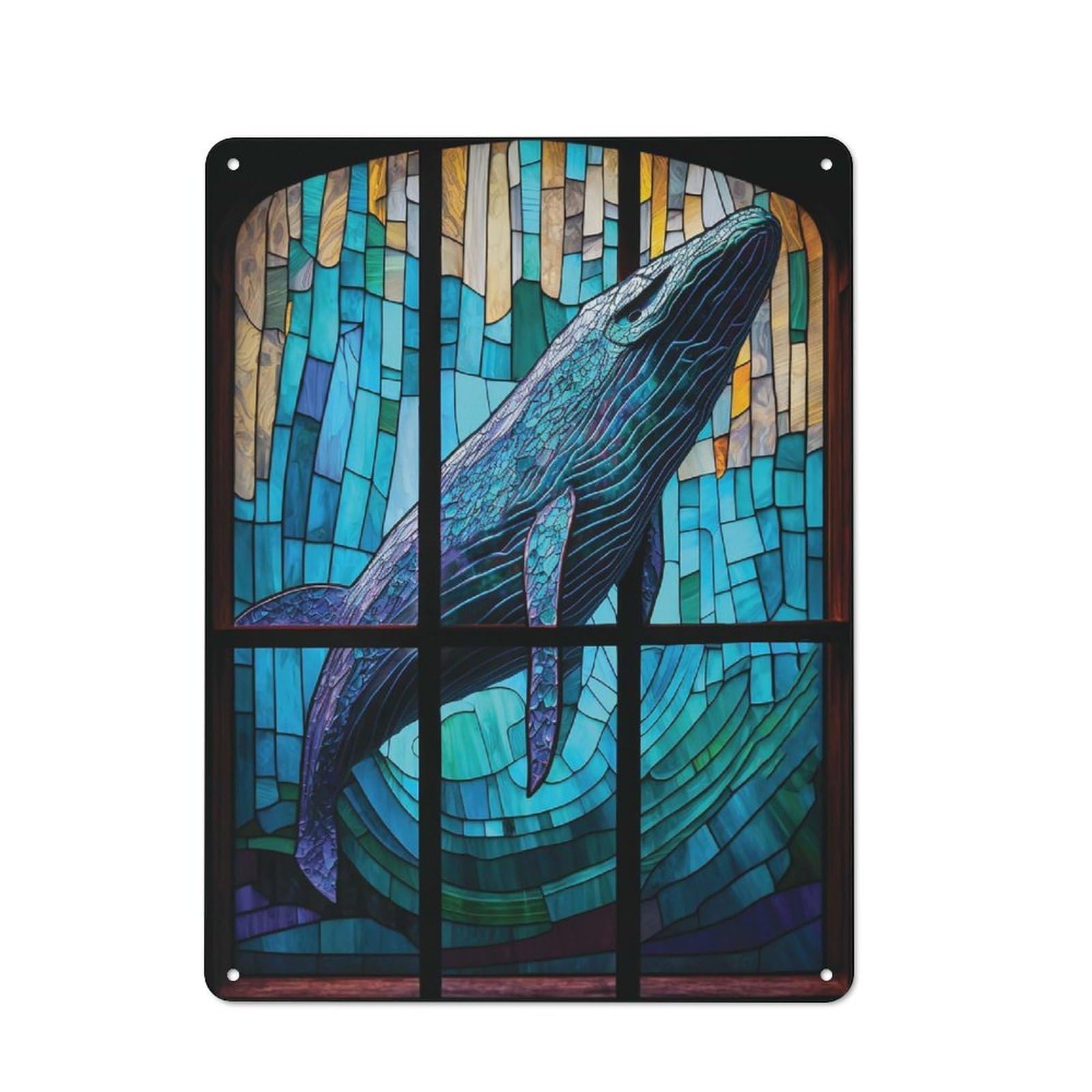 Junmoney Whale Stained Glass Rustic Metal Plaque 40X30cm For Dining Room Or Kitchen, A Housewarming Gift For Dining Room Decor Fans