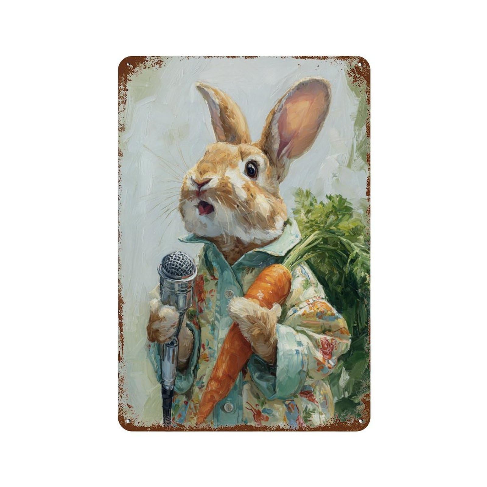 Rabbit Singer with Microphone Vintage Wall Sign 11.8"x7.9", Rust Effect Metal Decor for Garage, Bar And Workshop Decor