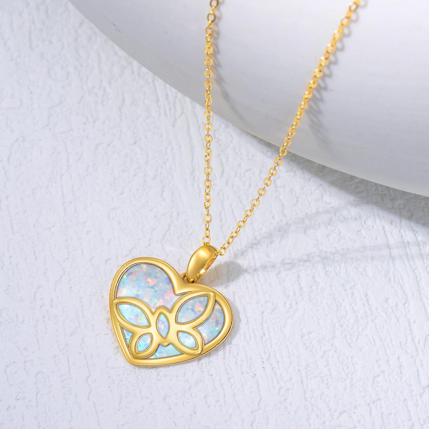 YDD 14K Solid Gold Opal Necklace for Women Dainty Opal Butterfly Necklace Heart Butterfly Pendant Necklace Jewelry Gifts for Her 16"-18" - Image 3