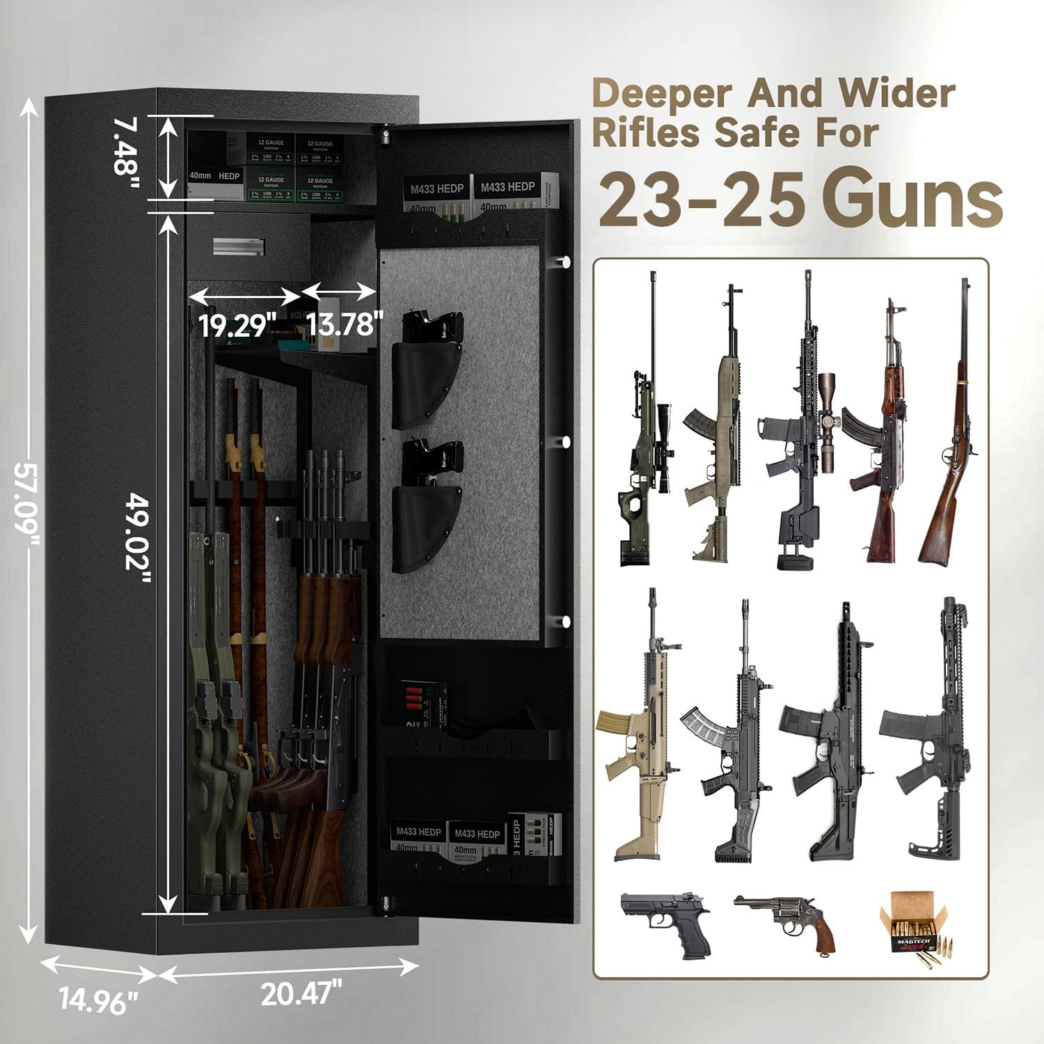KAER 25 Biometric Gun Safe, Wider and Deeper Fingerprint Gun Safes for Rifle and Pistols, Large Quick Access Heavy-Duty Gun Cabinet for Firearm Ammo with Drawer & Gun Rack, Assembled