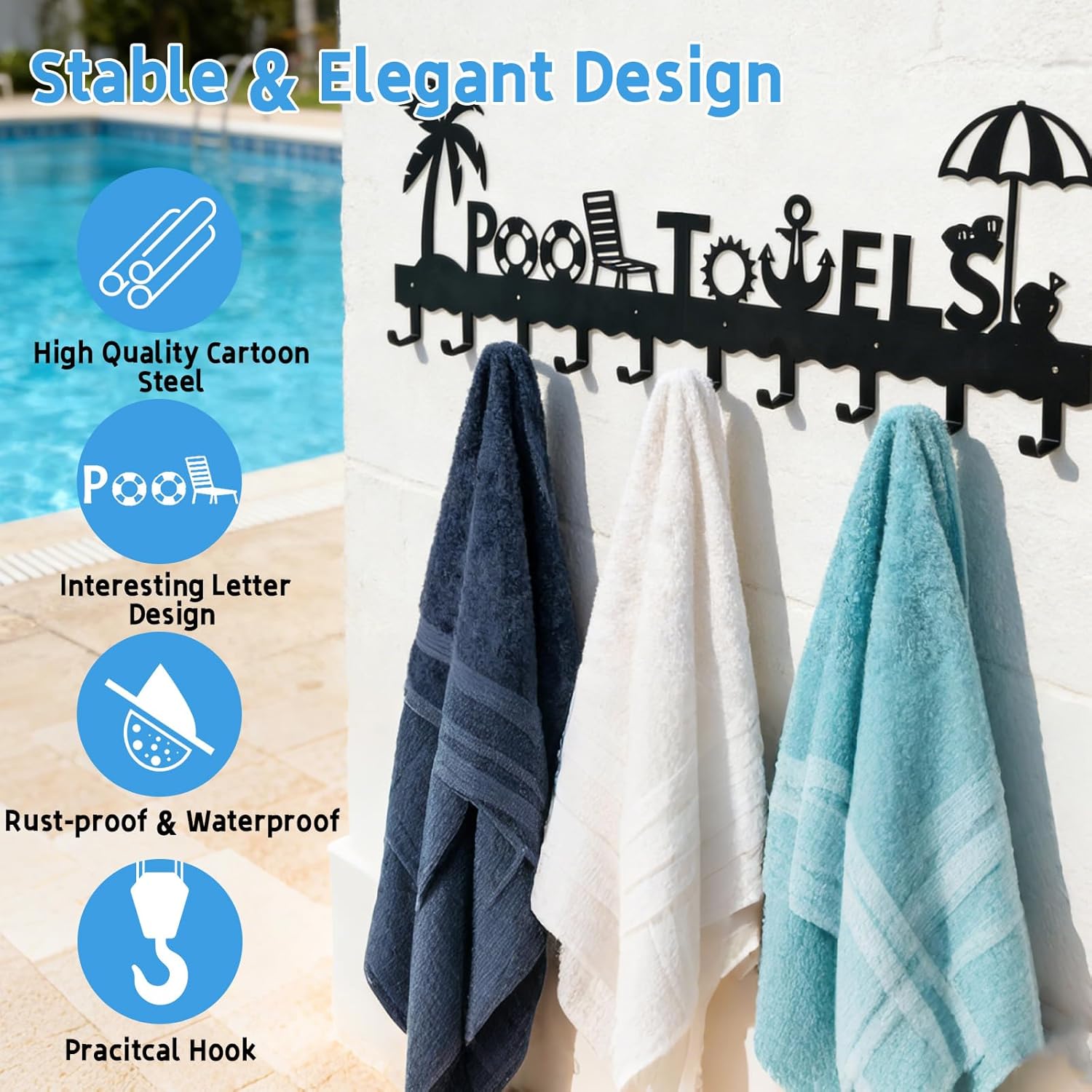Large Pool Towel Rack (32 Inch), Outdoor Towel Rack for Pool, Wall Mounted Towel Holder Towel Hanger with 10 Hooks, Carbon Steel Towel Organizer Pool Signs and Decor for Bathrobes, Towels, Clothes