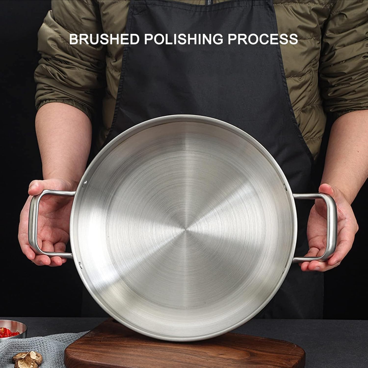 Poêle à paella espagnole en acier inoxydable avec revêtement anti-adhésif de style restaurant et plaque à induction, poignées rivetées pour un usage domestique et commercial (argenté, 24 cm)