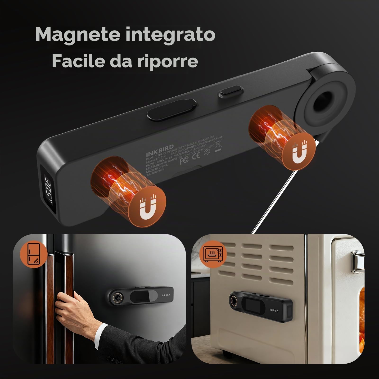 INKBIRD Termometro Alimentare a Lettura Istantanea a Doppio Display,Due Schermi,Risposta Super Rapida 0,5 Sec,Impermeabile IP65 Corpo Intero,Ideale per Cucina, Grigliate,Forno,Preparazione Bevande